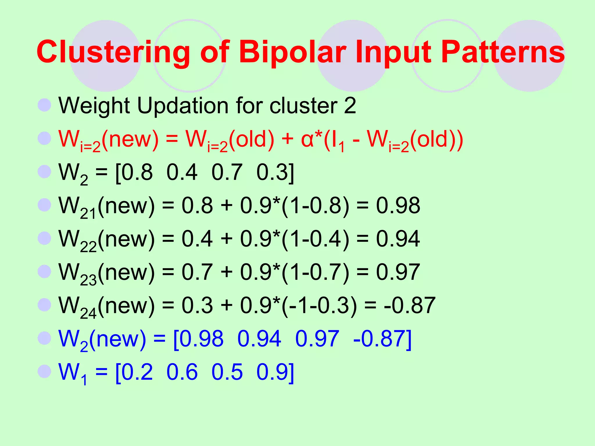  Weight Updation for cluster 2
 Wi=2(new) = Wi=2(old) + α*(I1 - Wi=2(old))
 W2 = [0.8 0.4 0.7 0.3]
 W21(new) = 0.8 + 0.9*(1-0.8) = 0.98
 W22(new) = 0.4 + 0.9*(1-0.4) = 0.94
 W23(new) = 0.7 + 0.9*(1-0.7) = 0.97
 W24(new) = 0.3 + 0.9*(-1-0.3) = -0.87
 W2(new) = [0.98 0.94 0.97 -0.87]
 W1 = [0.2 0.6 0.5 0.9]
Clustering of Bipolar Input Patterns
 