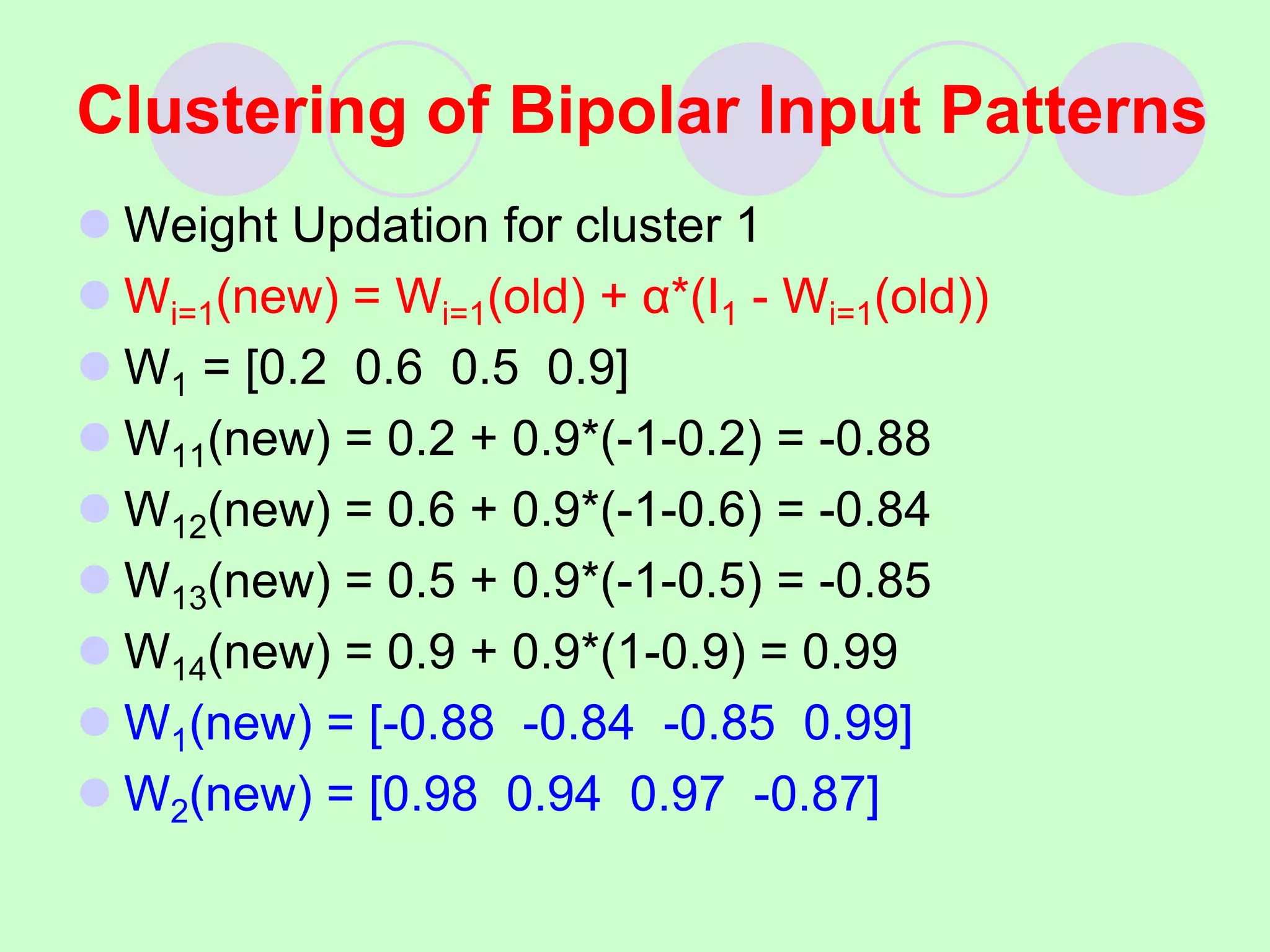  Weight Updation for cluster 1
 Wi=1(new) = Wi=1(old) + α*(I1 - Wi=1(old))
 W1 = [0.2 0.6 0.5 0.9]
 W11(new) = 0.2 + 0.9*(-1-0.2) = -0.88
 W12(new) = 0.6 + 0.9*(-1-0.6) = -0.84
 W13(new) = 0.5 + 0.9*(-1-0.5) = -0.85
 W14(new) = 0.9 + 0.9*(1-0.9) = 0.99
 W1(new) = [-0.88 -0.84 -0.85 0.99]
 W2(new) = [0.98 0.94 0.97 -0.87]
Clustering of Bipolar Input Patterns
 