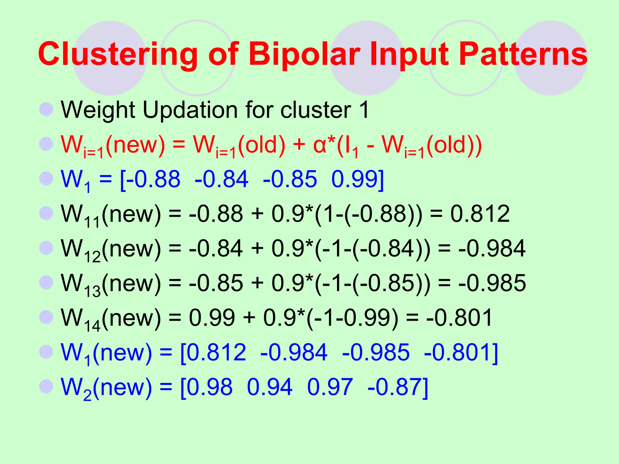  Weight Updation for cluster 1
 Wi=1(new) = Wi=1(old) + α*(I1 - Wi=1(old))
 W1 = [-0.88 -0.84 -0.85 0.99]
 W11(new) = -0.88 + 0.9*(1-(-0.88)) = 0.812
 W12(new) = -0.84 + 0.9*(-1-(-0.84)) = -0.984
 W13(new) = -0.85 + 0.9*(-1-(-0.85)) = -0.985
 W14(new) = 0.99 + 0.9*(-1-0.99) = -0.801
 W1(new) = [0.812 -0.984 -0.985 -0.801]
 W2(new) = [0.98 0.94 0.97 -0.87]
Clustering of Bipolar Input Patterns
 