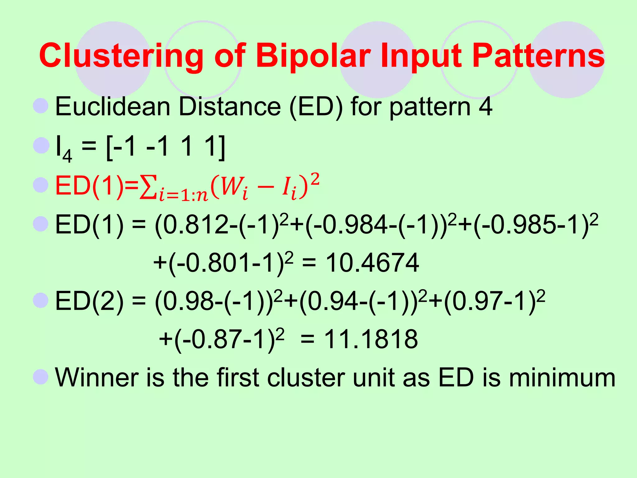 Clustering of Bipolar Input Patterns
 Euclidean Distance (ED) for pattern 4
I4 = [-1 -1 1 1]
 ED(1)= 𝑖=1:𝑛 𝑊𝑖 − 𝐼𝑖
2
 ED(1) = (0.812-(-1)2+(-0.984-(-1))2+(-0.985-1)2
+(-0.801-1)2 = 10.4674
 ED(2) = (0.98-(-1))2+(0.94-(-1))2+(0.97-1)2
+(-0.87-1)2 = 11.1818
 Winner is the first cluster unit as ED is minimum
 