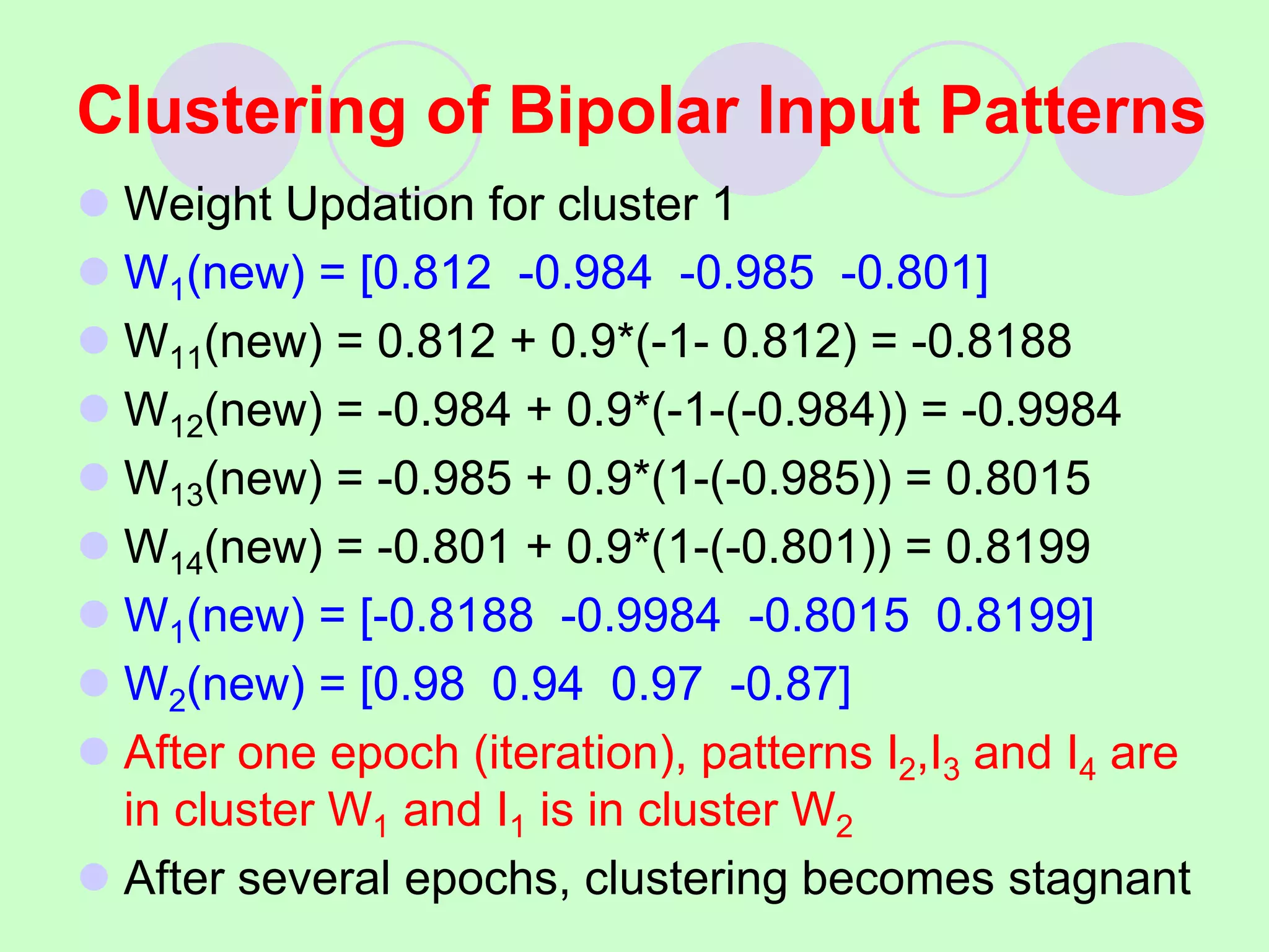  Weight Updation for cluster 1
 W1(new) = [0.812 -0.984 -0.985 -0.801]
 W11(new) = 0.812 + 0.9*(-1- 0.812) = -0.8188
 W12(new) = -0.984 + 0.9*(-1-(-0.984)) = -0.9984
 W13(new) = -0.985 + 0.9*(1-(-0.985)) = 0.8015
 W14(new) = -0.801 + 0.9*(1-(-0.801)) = 0.8199
 W1(new) = [-0.8188 -0.9984 -0.8015 0.8199]
 W2(new) = [0.98 0.94 0.97 -0.87]
 After one epoch (iteration), patterns I2,I3 and I4 are
in cluster W1 and I1 is in cluster W2
 After several epochs, clustering becomes stagnant
Clustering of Bipolar Input Patterns
 