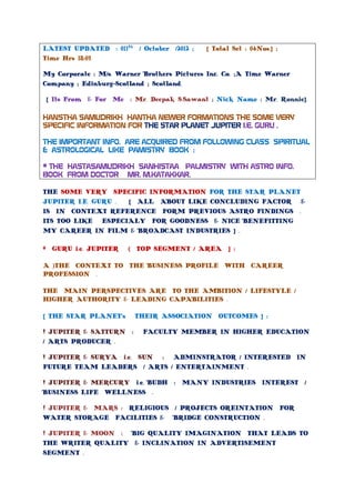 LATEST UPDATED : 011Th / October /2012 ;    [ Total Set : 04Nos.] ;
Time Hrs 18:03.

My Corporate : M/s. Warner Brothers Pictures Inc. Co. ;A Time Warner
Company ; Edinburg-Scotland ; Scotland.

[ Its From & For Me : Mr. Deepak S.Sawant ; Nick Name : Mr. Ronnie].

HANSTHA SAMUDRIKH HANTHA NEWER FORMATIONS THE SOME VERY
SPECIFIC INFORMATION FOR THE STAR PLANET JUPITER I.E. GURU .

THE IMPORTANT INFO. ARE ACQUIRED FROM FOLLOWING CLASS SPIRITUAL
& ASTROLOGICAL LIKE PAMISTRY BOOK :

# THE HASTASAMUDRIKH SANHISTAA PALMISTRY WITH ASTRO INFO.
BOOK FROM DOCTOR MR. M.KATAKKAR.

THE SOME VERY SPECIFIC INFORMATION FOR THE STAR PLANET
JUPITER I.E. GURU . [ ALL ABOUT LIKE CONCLUDING FACTOR &
IS IN CONTEXT REFERENCE FORM PREVIOUS ASTRO FINDINGS .
ITS TOO LIKE ESPECIALY FOR GOODNESS & NICE BENEFITTING
MY CAREER IN FILM & BROADCAST INDUSTRIES ] .

# GURU i.e. JUPITER    ( TOP SEGMENT / AREA ] :

A )THE CONTEXT TO THE BUSINESS PROFILE WITH CAREER
PROFESSION .

THE MAIN PERSPECTIVES ARE TO THE AMBITION / LIFESTYLE /
HIGHER AUTHORITY & LEADING CAPABILITIES .

[ THE STAR PLANET’s      THEIR ASSOCIATION OUTCOMES ] :

! JUPITER & SATTURN :      FACULTY MEMBER IN HIGHER EDUCATION
/ ARTS PRODUCER .

! JUPITER & SURYA i.e. SUN : ADMINSTRATOR / INTERESTED IN
FUTURE TEAM LEADERS / ARTS / ENTERTAINMENT .

! JUPITER & MERCURY i.e. BUDH : MANY INDUSTRIES INTEREST /
BUSINESS LIFE WELLNESS .

! JUPITER & MARS : RELIGIOUS / PROJECTS OREINTATION FOR
WATER STORAGE FACILITIES & BRIDGE CONSTRUCTION .

! JUPITER & MOON : BIG QUALITY IMAGINATION THAT LEADS TO
THE WRITER QUALITY & INCLINATION IN ADVERTISEMENT
SEGMENT .
 