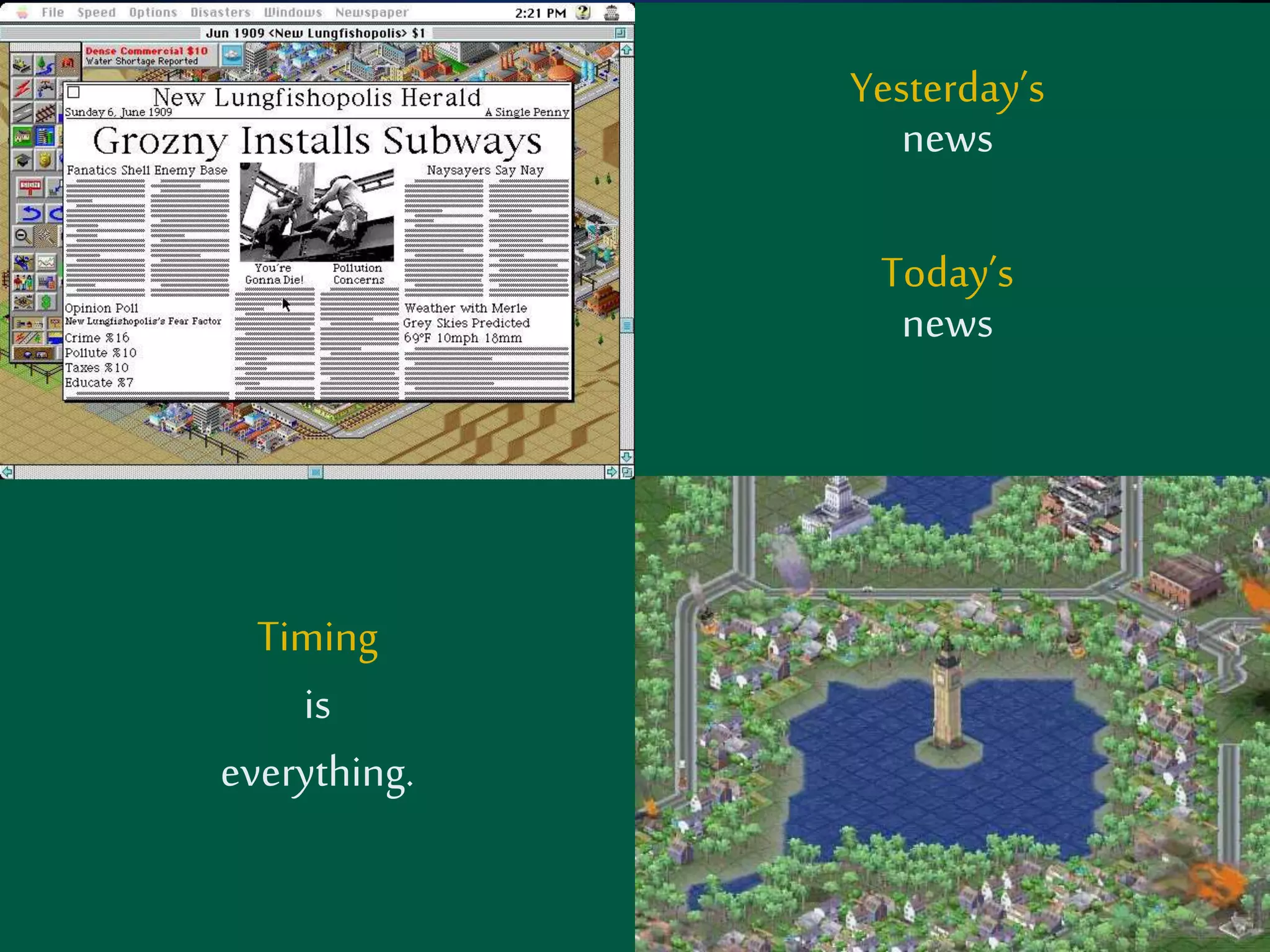 Yesterday’s 
news 
Today’s 
news 
Timing 
is 
everything. 
 