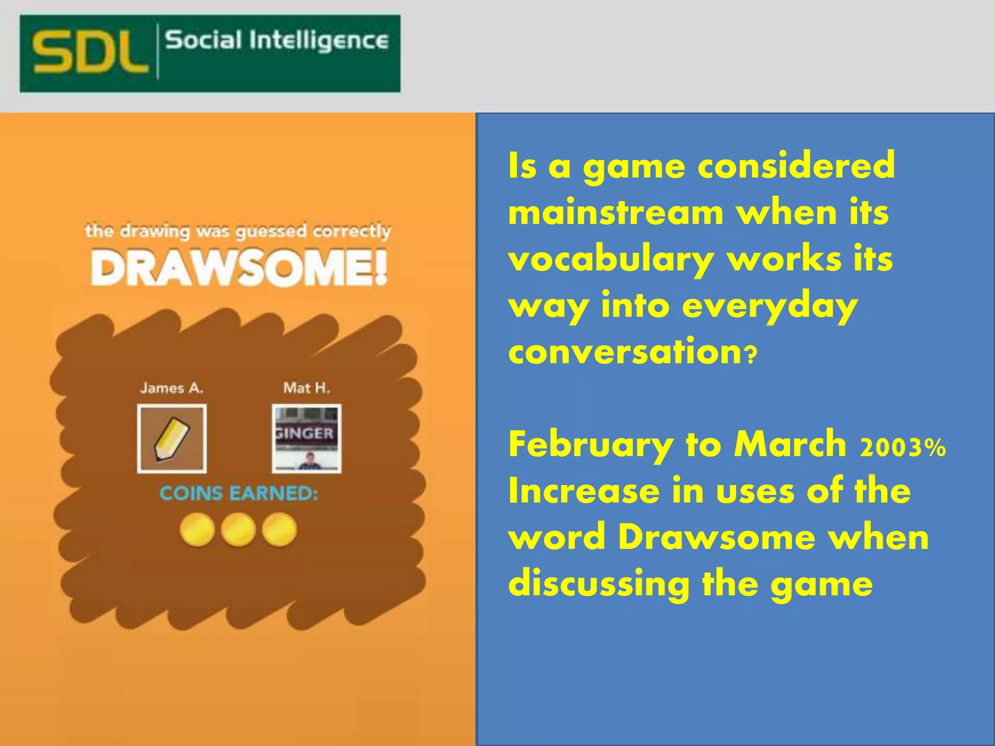 23 
Drawsome! 
Is a game considered 
mainstream when its 
vocabulary works its 
way into everyday 
conversation? 
February to March 2003% 
Increase in uses of the 
word Drawsome when 
discussing the game 
 