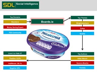 Top Domains Top Themes 
Weightwatchers 
Cakes 
Nutella 
Boards.ie 
Money Saving Expert 
TES Community 
Boards.ie 
Top Authors 
Killer Wench 
Seomra Mushie 
Pembily 
Love it or Hate it? 
Positive 12.9% 
Indifferent 58.1% 
Negative 29% 
 