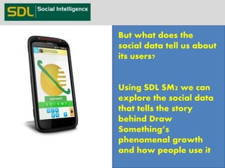 DrawSomething 
21 
But what does the 
social data tell us about 
its users? 
Using SDL SM2 we can 
explore the social data 
that tells the story 
behind Draw 
Something’s 
phenomenal growth 
and how people use it 
Powered by 
 