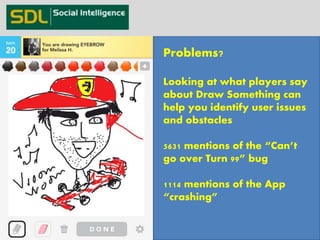 Problems? 
Looking at what players say 
about Draw Something can 
help you identify user issues 
and obstacles 
5631 mentions of the “Can’t 
go over Turn 99” bug 
1114 mentions of the App 
“crashing” 
 