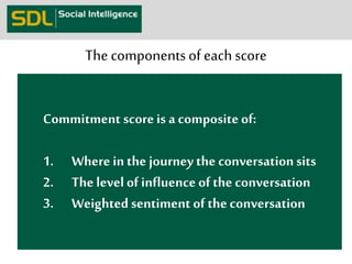 The components of each score 
Commitment score is a composite of: 
1. Where in the journey the conversation sits 
2. The level of influence of the conversation 
3. Weighted sentiment of the conversation 
 