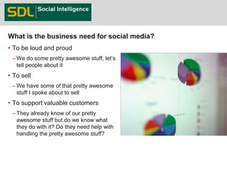 What is the business need for social media? 
• To be loud and proud 
– We do some pretty awesome stuff, let’s 
tell people about it 
• To sell 
– We have some of that pretty awesome 
stuff I spoke about to sell 
• To support valuable customers 
– They already know of our pretty 
awesome stuff but do we know what 
they do with it? Do they need help with 
handling the pretty awesome stuff? 
38 
 