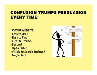 CONFUSION TRUMPS PERSUASION
EVERY TIME!


IS YOUR WEBSITE 
•  Easy to Use? 
•  Easy to Find? 
•  Clear & Precise? 
•  Secure? 
•  Up to Date? 
•  Visible to Search Engines? 
•  Neglected? 
 