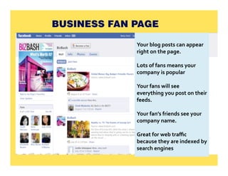 Your blog posts can appear 
right on the page. 

Lots of fans means your 
company is popular 

Your fans will see 
everything you post on their 
feeds. 

Your fan’s friends see your 
company name. 

Great for web traﬃc 
because they are indexed by 
search engines 
 