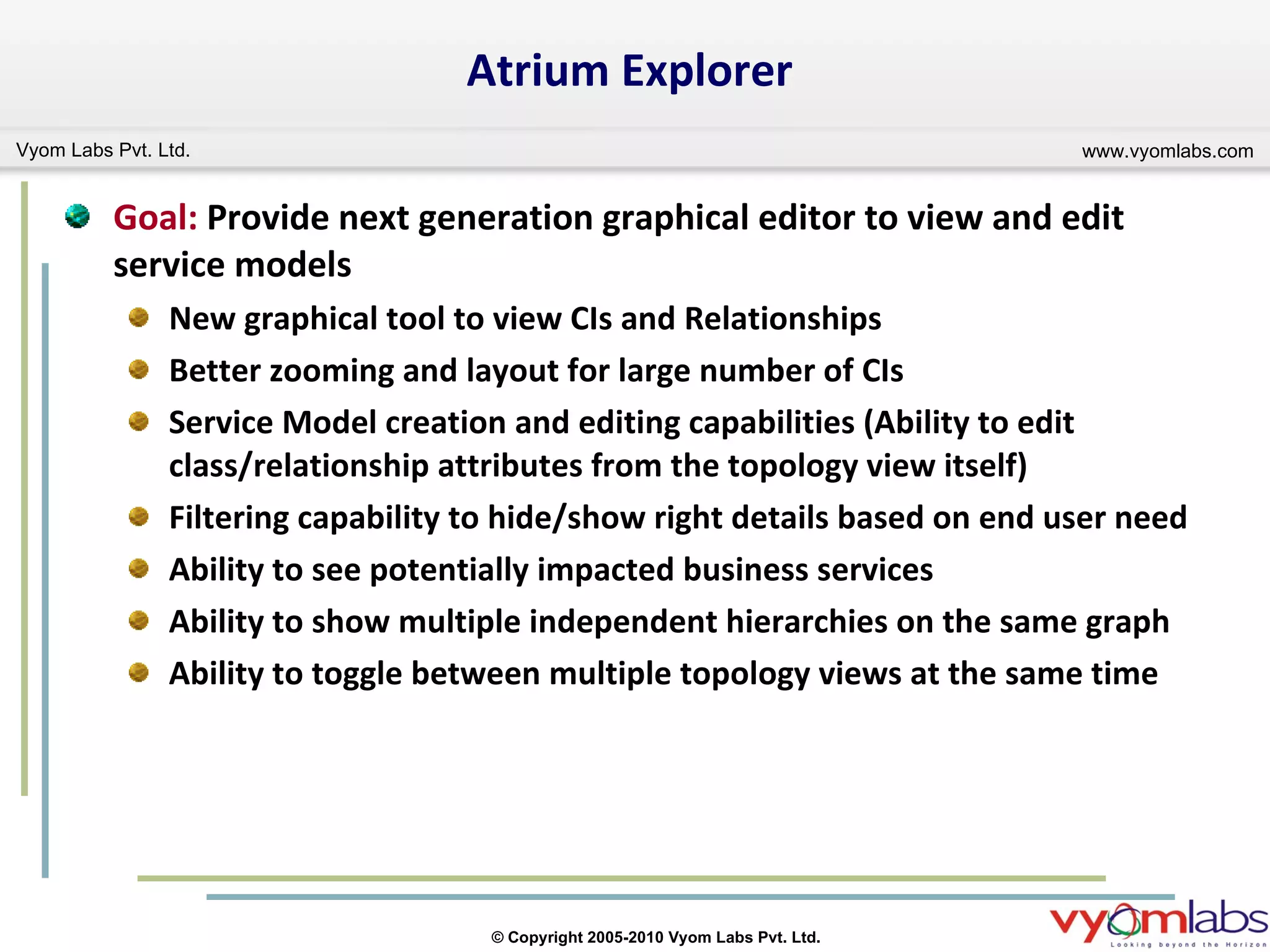 Atrium Explorer Goal:  Provide next generation graphical editor to view and edit service models  New graphical tool to view CIs and Relationships Better zooming and layout for large number of CIs Service Model creation and editing capabilities (Ability to edit class/relationship attributes from the topology view itself)  Filtering capability to hide/show right details based on end user need Ability to see potentially impacted business services Ability to show multiple independent hierarchies on the same graph Ability to toggle between multiple topology views at the same time  