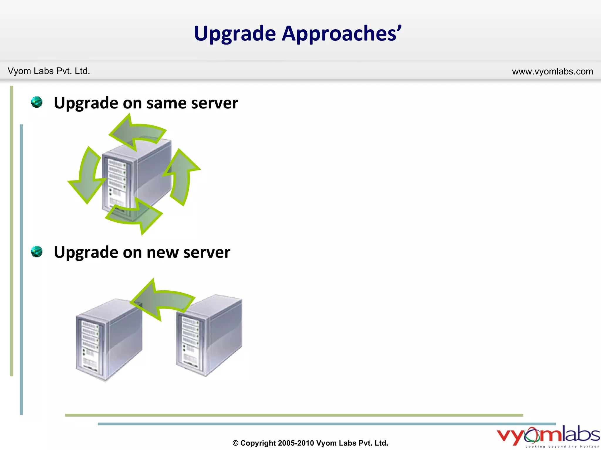 Upgrade Approaches’ Upgrade on same server Upgrade on new server  