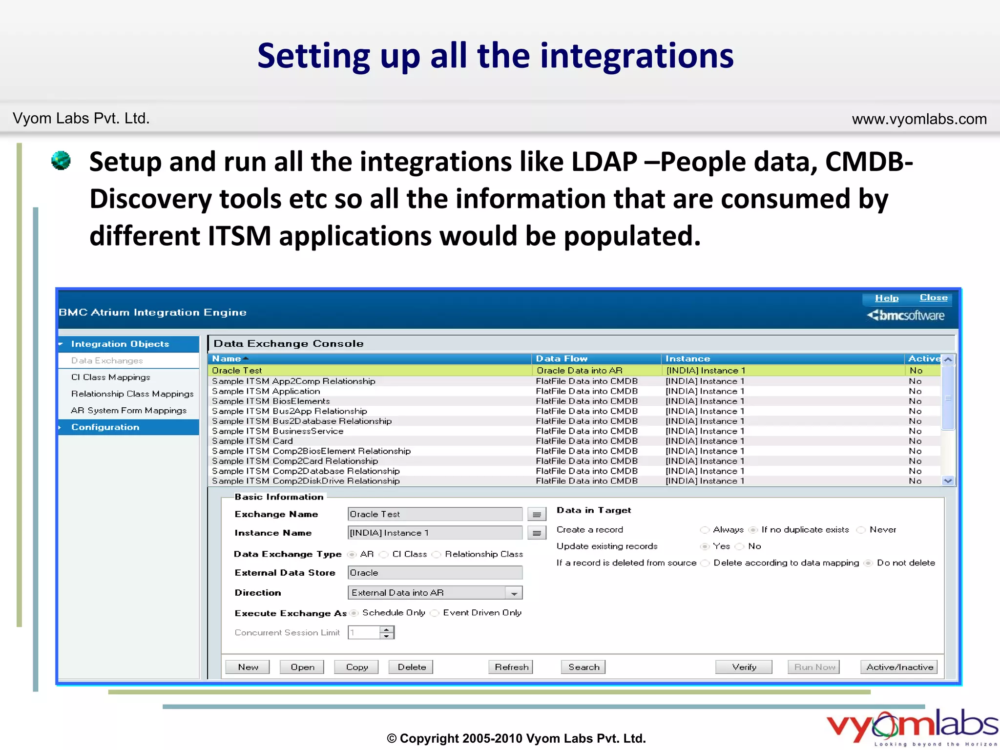 Setting up all the integrations Setup and run all the integrations like LDAP –People data, CMDB-Discovery tools etc so all the information that are consumed by different ITSM applications would be populated. 