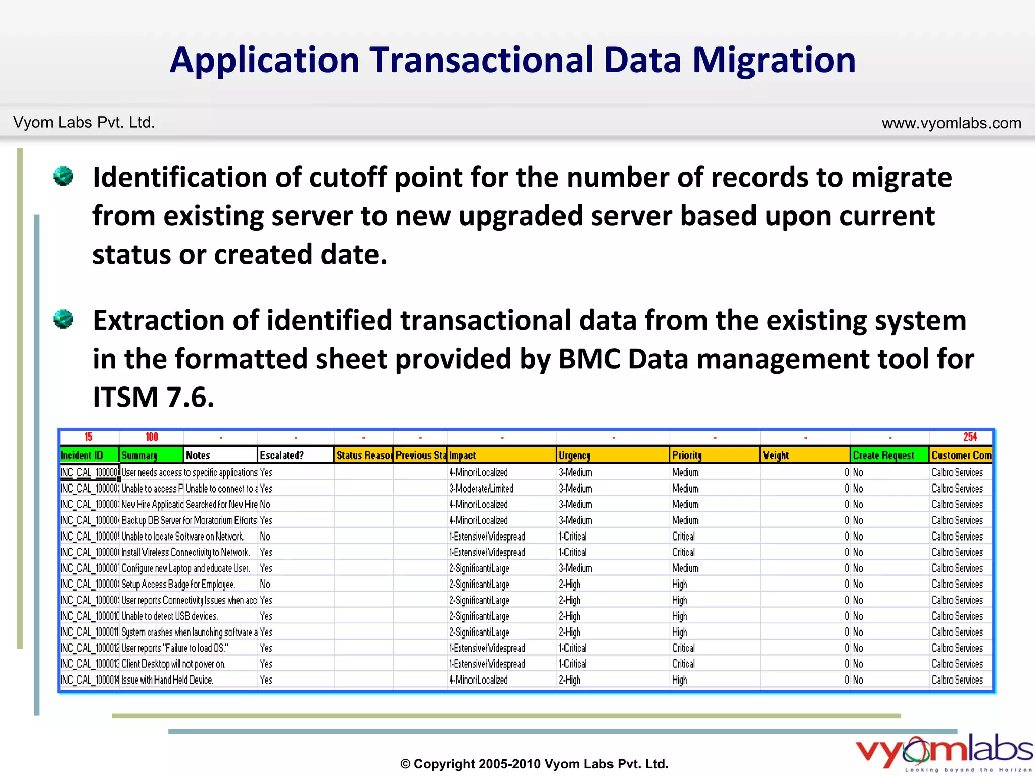 Identification of cutoff point for the number of records to migrate from existing server to new upgraded server based upon current status or created date. Extraction of identified transactional data from the existing system in the formatted sheet provided by BMC Data management tool for ITSM 7.6.  Application Transactional Data Migration 