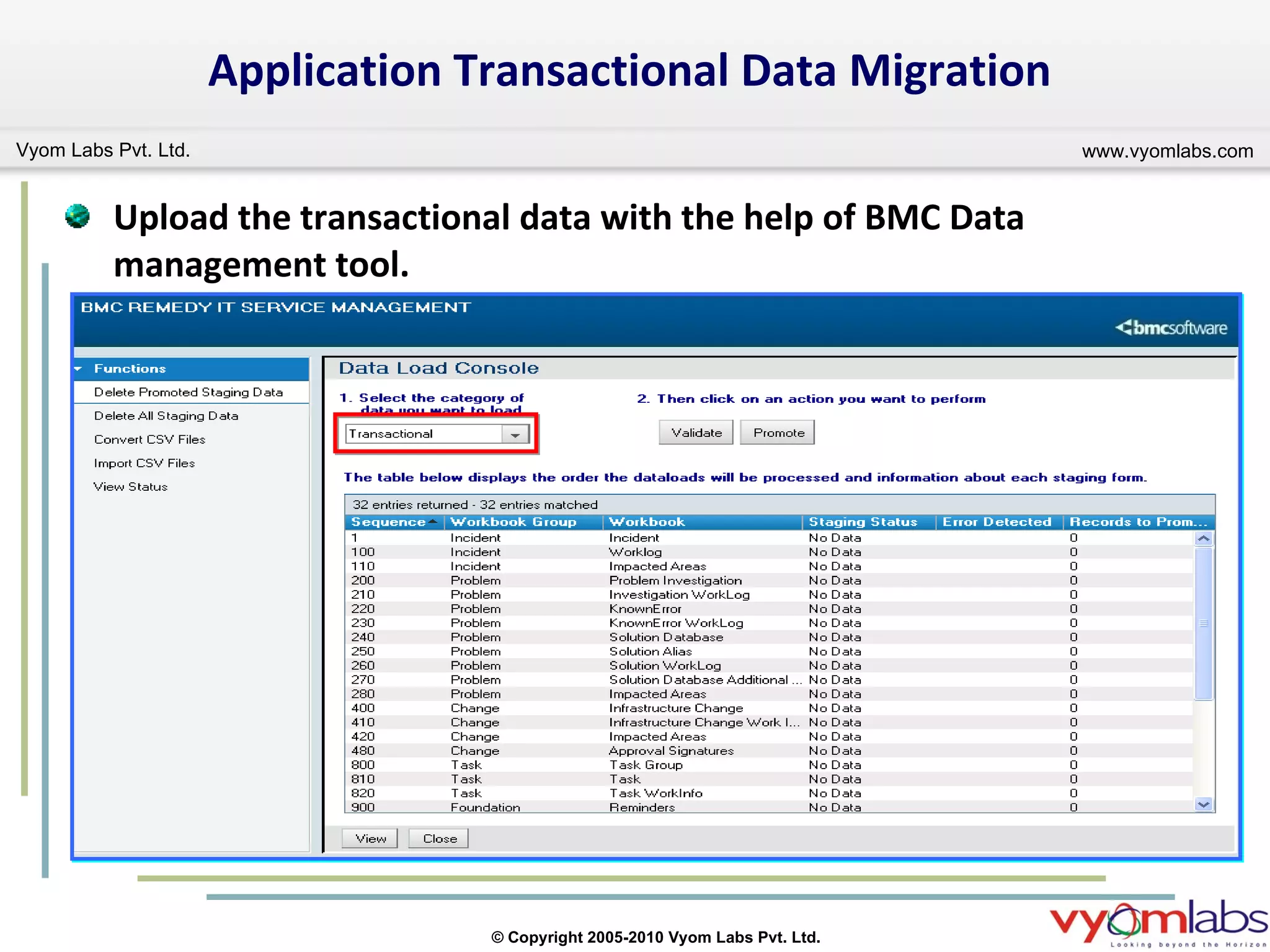 Application Transactional Data Migration Upload the transactional data with the help of BMC Data management tool. 