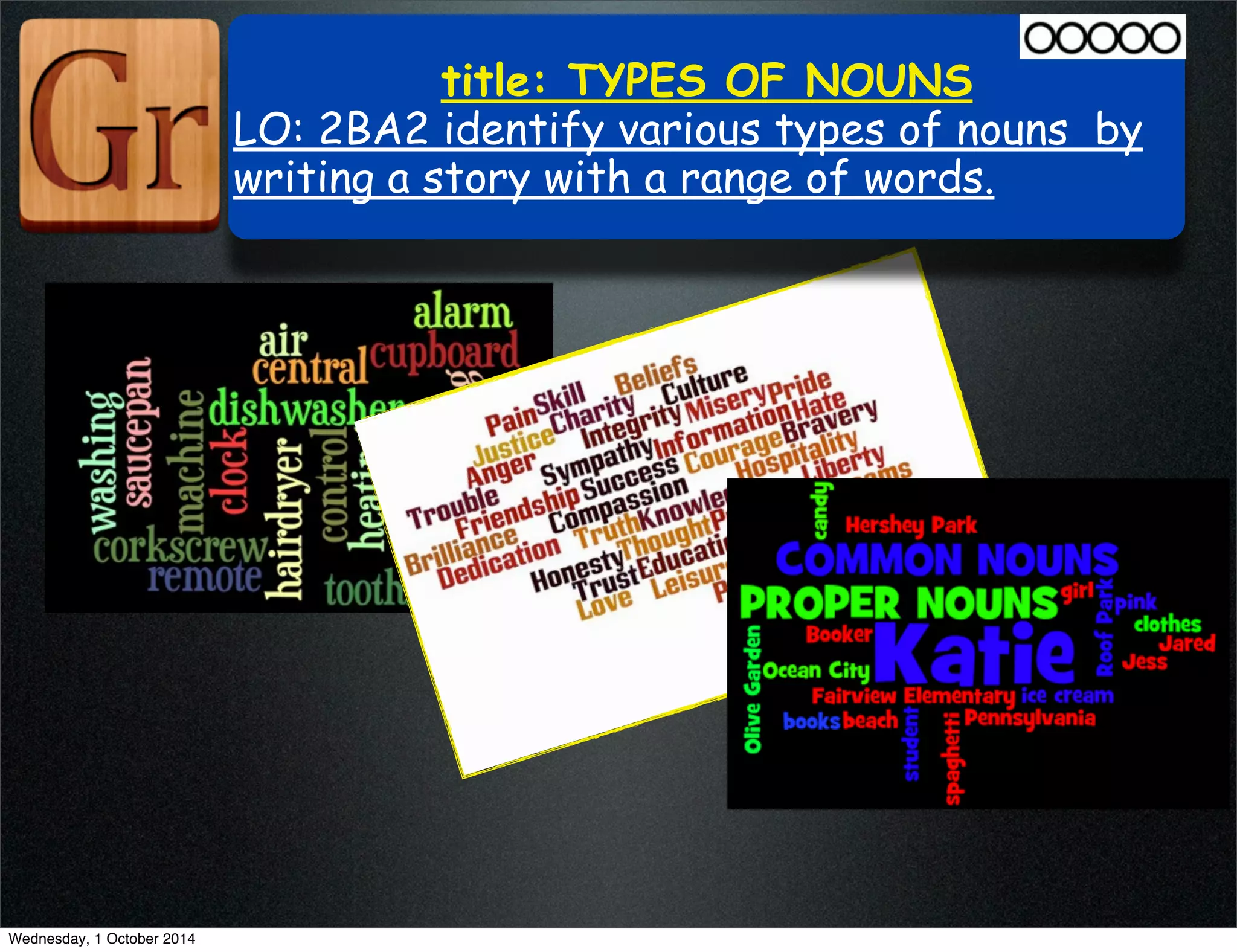 title: TYPES OF NOUNS 
LO: 2BA2 identify various types of nouns by 
writing a story with a range of words. 
Wednesday, 1 October 2014 
 