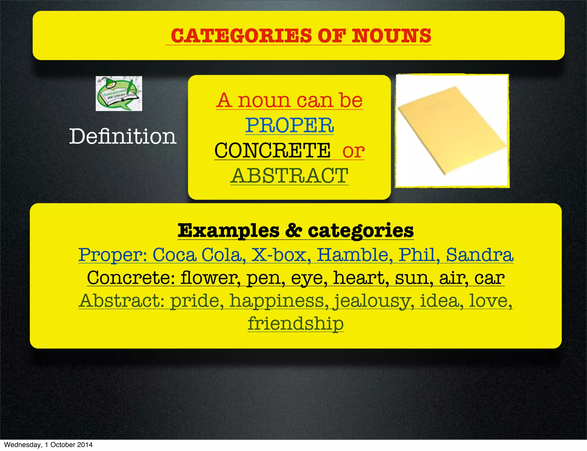 CATEGORIES OF NOUNS 
A noun can be 
PROPER 
CONCRETE or 
ABSTRACT 
Definition 
Examples & categories 
Proper: Coca Cola, X-box, Hamble, Phil, Sandra 
Concrete: flower, pen, eye, heart, sun, air, car 
Abstract: pride, happiness, jealousy, idea, love, 
friendship 
Wednesday, 1 October 2014 
 