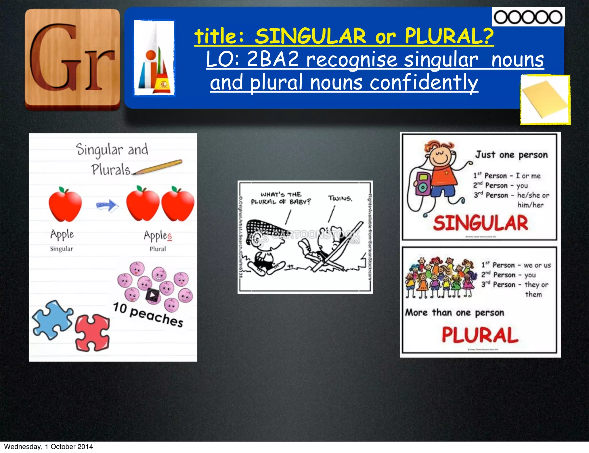 title: SINGULAR or PLURAL? 
LO: 2BA2 recognise singular nouns 
and plural nouns confidently 
Wednesday, 1 October 2014 
 