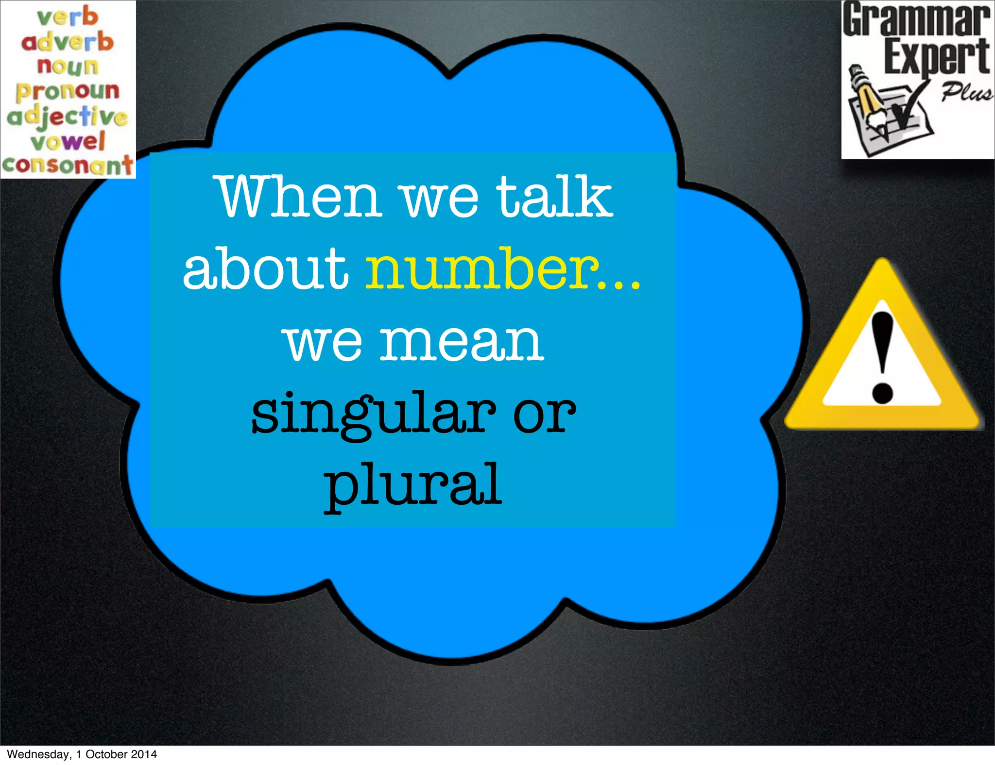 When we talk 
about number... 
we mean 
singular or 
plural 
Wednesday, 1 October 2014 
 