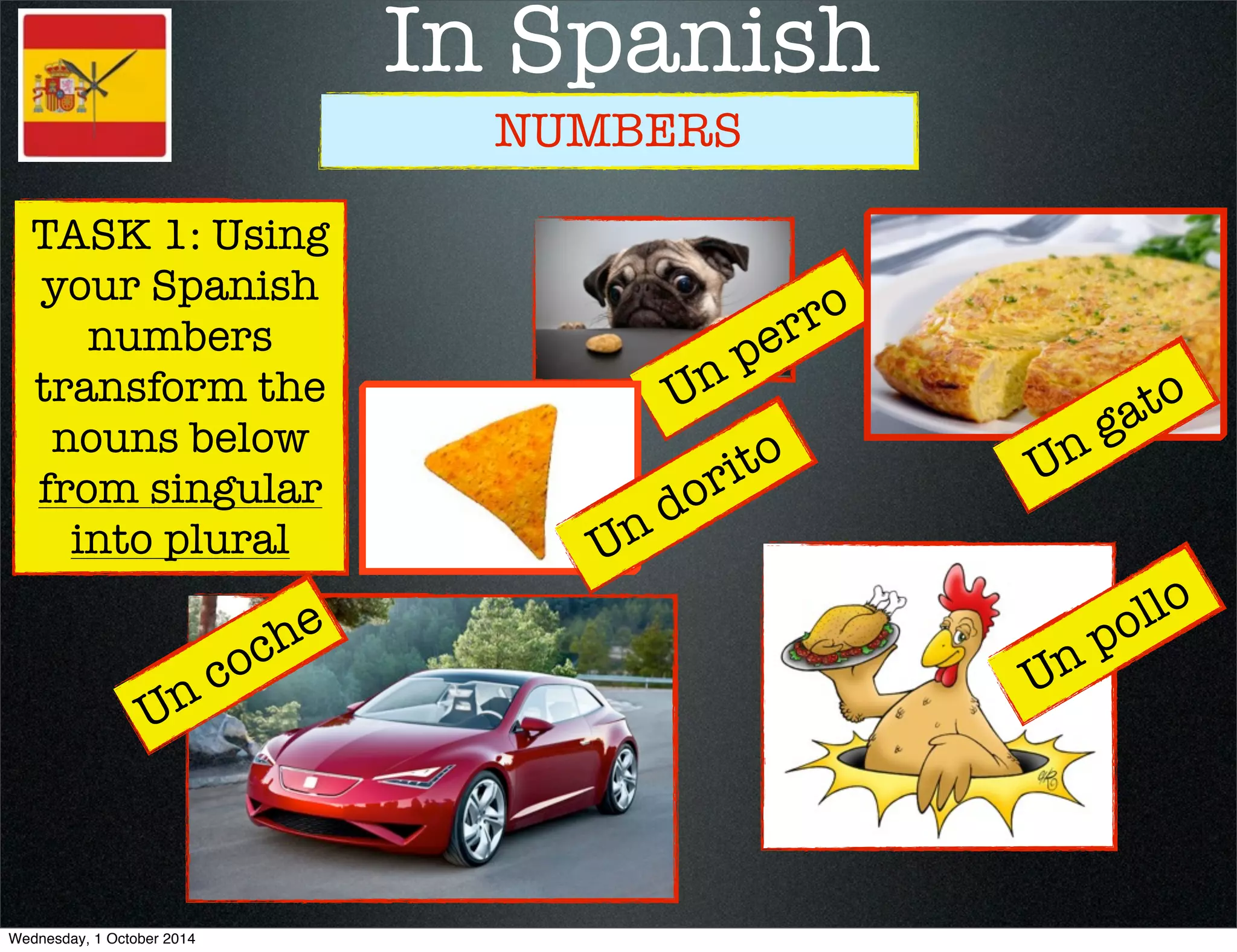 In Spanish 
NUMBERS 
Un perro 
TASK 1: Using 
your Spanish 
numbers 
transform the 
nouns below 
from singular 
into plural 
Un dorito 
Un pollo 
Un coche 
Un gato 
Wednesday, 1 October 2014 
 