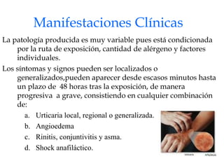 Manifestaciones Clínicas La patología producida es muy variable pues está condicionada por la ruta de exposición, cantidad de alérgeno y factores individuales. Los síntomas y signos pueden ser localizados o generalizados,pueden aparecer desde escasos minutos hasta un plazo de  48 horas tras la exposición, de manera progresiva  a grave, consistiendo en cualquier combinación de: Urticaria local, regional o generalizada. Angioedema Rinitis, conjuntivitis y asma. Shock anafiláctico. 