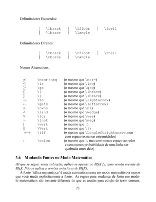 Delimitadores Esquerdos:

               [    lbrack             lfloor            lceil
               {    lbrace             langle

   Delimitadores Direitos:

               ]    rbrack             rfloor            rceil
               }    rbrace             rangle

   Nomes Alternativos:


     =        ne or neq       (o mesmo que not=)
     ≤        le               (o mesmo que leq)
     ≥        ge               (o mesmo que geq)
     {        {                (o mesmo que lbrace)
     }        }                (o mesmo que lbrace)
     →        to               (o mesmo que rightarrow)
     ←        gets             (o mesmo que leftarrow)
              owns             (o mesmo que ni)
     ∧        land             (o mesmo que wedge)
     ∨        lor              (o mesmo que vee)
     ¬        lnot             (o mesmo que neg)
     |        vert             (o mesmo que |)
              Vert             (o mesmo que |)
         ⇐⇒   iff              (o mesmo que Longleftrightarrow, mas
                                 com espaço extra nas extremidades)
     :        colon            (o mesmo que :, mas com menos espaço ao redor
                                 e com menos probabilidade de uma linha ser
                                 quebrada antes dele)

3.6 Mudando Fontes no Modo Matemático
(O que se segue, nesta subseção, aplica-se apenas ao LTEX 2ε , uma versão recente de
                                                      A
LTEX. Não se aplica a versões anteriores de LTEX).
 A                                           A
   A fonte ‘itálica matemática’ é usada automaticamente em modo matemático a menos
que você mude explicitamente a fonte. As regras para mudança de fonte em mode-
lo matemáticos são bastante diferente do que as usadas para edição de texto comum.

                                        23
 