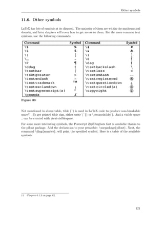 Other symbols
11.6. Other symbols
LaTeX has lots of symbols at its disposal. The majority of them are within the mathematical
domain, and later chapters will cover how to get access to them. For the more common text
symbols, use the following commands:
Figure 33
Not mentioned in above table, tilde (˜) is used in LaTeX code to produce non-breakable
space11. To get printed tilde sign, either write ˜{} or textasciitilde{}. And a visible space
␣ can be created with textvisiblespace.
For some more interesting symbols, the Postscript ZipfDingbats font is available thanks to
the pifont package. Add the declaration to your preamble: usepackage{pifont}. Next, the
command ding{number}, will print the speciﬁed symbol. Here is a table of the available
symbols:
11 Chapter 6.1.3 on page 62
121
 