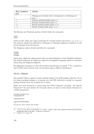 Internationalization
Key combina-
tion
Action
", Thinspace for initials with a breakpoint in a following sur-
name.
"‘ German opening double quote („).
"’ German closing double quote (“).
"< French opening double quote (<<).
"> French closing double quote (>>).
The Russian and Ukrainian options of babel deﬁne the commands
Asbuk
asbuk
which act like Alph and alph (commands for turning counters into letters, e.g. a, b, c...),
but produce capital and small letters of Russian or Ukrainian alphabets (whichever is the
active language of the document).
The Bulgarian option of babel provides the commands
enumBul
enumLat
enumEng
which make Alph and alph produce letters of either Bulgarian or Latin (English) alphabets.
The default behaviour of Alph and alph for the Bulgarian language option is to produce
letters from the Bulgarian alphabet.
See Bulgarian translation of "The Not So Short Introduction to LaTeX" 10 for a method to
type Cyrillic letters directly from the keyboard using a diﬀerent distribution.
12.4.3. Chinese
One possible Chinese support is made available thanks to the CJK package collection. If you
are using a package manager or a portage tree, the CJK collection is usually in a separate
package because of its size (mainly due to fonts).
Make sure your document is saved using the UTF-8 character encoding. See Special
Characters11 for more details. Put the parts where you want to write chinese characters in
a CJK environment.
documentclass{article}
usepackage{CJK}
begin{document}
begin{CJK}{UTF8}{gbsn}
你好
You can mix latin letters and chinese.
10 The Not So Short Introduction to LaTeX ˆ{http://www.ctan.org/tex-archive/info/lshort/
bulgarian/lshort-bg.pdf} , Bulgarian translation
11 Chapter 11 on page 115
130
 