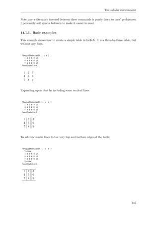 The tabular environment
Note, any white space inserted between these commands is purely down to ones' preferences.
I personally add spaces between to make it easier to read.
14.1.1. Basic examples
This example shows how to create a simple table in LaTeX. It is a three-by-three table, but
without any lines.
begin{tabular}{ l c r }
1 & 2 & 3 
4 & 5 & 6 
7 & 8 & 9 
end{tabular}
1 2 3
4 5 6
7 8 9
Expanding upon that by including some vertical lines:
begin{tabular}{ l c r }
1 & 2 & 3 
4 & 5 & 6 
7 & 8 & 9 
end{tabular}
1 2 3
4 5 6
7 8 9
To add horizontal lines to the very top and bottom edges of the table:
begin{tabular}{ l c r }
hline
1 & 2 & 3 
4 & 5 & 6 
7 & 8 & 9 
hline
end{tabular}
1 2 3
4 5 6
7 8 9
145
 