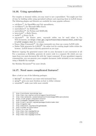 Using spreadsheets
14.16. Using spreadsheets
For complex or dynamic tables, you may want to use a spreadsheet. You might save lots
of time by building tables using specialized software and exporting them in LaTeX format.
The following plugins and libraries are available for some popular software:
• calc2latex17: for OpenOﬃce.org Calc spreadsheets,
• excel2latex18: for Microsoft Oﬃce Excel,
• matrix2latex19: for MATLAB,
• matrix2latex20: for Python and MATLAB,
• latex-tools21: a Ruby library,
• xtable22: a library for R,
• org-mode23: for Emacs users, org-mode tables can be used inline in La-
TeX documents, see https://www.gnu.org/software/emacs/manual/html_node/org/
A-LaTeX-example.html for a tutorial.
• Emacs Align Commands24: the align commands can clean up a messy LaTeX table.
• Online Table generator for LATeX25: An online tool for creating simple tables within the
browser. LaTeX format is directly generated as you type.
However copying the generated source code to your document is not convenient at all.
For a maximum a ﬂexibility, generate de source code to a separate ﬁle which you can
input from you main document ﬁle with the input command. If your speadsheet supports
command-line, you can generate your complete document (table included) in one command,
using a Makeﬁle for example.
See Modular Documents26 for more details.
14.17. Need more complicated features?
Have a look at one of the following packages:
• hhline27: do whatever you want with horizontal lines
• array28: gives you more freedom on how to deﬁne columns
• colortbl29: make your table more colorful
17 http://calc2latex.sourceforge.net/
18 http://www.ctan.org/tex-archive/support/excel2latex/
19 http://www.mathworks.com/matlabcentral/fileexchange/4894-matrix2latex
20 https://code.google.com/p/matrix2latex/
21 http://rubygems.org/gems/latex-tools
22 http://cran.r-project.org/web/packages/xtable/index.html
23 http://orgmode.org/
24 http://emacswiki.org/emacs/AlignCommands
25 http://truben.no/latex/table/
26 Chapter 54 on page 569
27 http://www.ctan.org/pkg/hhline
28 http://www.ctan.org/pkg/array
29 http://www.ctan.org/pkg/colortbl
173
 