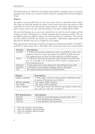 Introduction
TeX distributions are collections of packages and programs (compilers, fonts, and macro
packages) that enable you to typeset without having to manually fetch ﬁles and conﬁgure
things.
Engines
An engine is an executable that can turn your source code to a printable output format.
The engine by itself only handles the syntax, it also needs to load fonts and macros to fully
understand the source code and generate output properly. The engine will determine what
kind of source code it can read, and what format it can ouput (usually DVI or PDF).
All in all, distributions are an easy way to install what you need to use the engines and the
systems you want. Distributions are usually targetting speciﬁc operating systems. You can
use diﬀerent systems on diﬀerent engines, but sometimes there are restrictions. Code written
for TeX, LaTeX or ConTeXt are (mostly) not compatible. Additionally, engine-speciﬁc code
(like font for XeTeX) may not be compiled by every engine.
When searching for information on LaTeX, you might also stumble upon XeTeX14, ConTeXt15,
LuaTeX16 or other names with a -TeX suﬃx. Let's recap most of the terms in this tabular.
Systems Descriptions
ConTeXt A TeX-based document preparation system (as LaTeX is) with a very
consistent and easy syntax and support for pdfTeX, XeTeX and Lua-
TeX engines.It does not have the same objective as LaTeX however.
LaTeX A TeX-based document preparation system designed by Leslie Lam-
port. It is actually a set of macros for TeX. It aims at taking care of
the formatting process.
MetaFont A high-quality font system designed by Donald Knuth along TeX.
MetaPost A descriptive vector graphics language based on MetaFont.
TeX The original language designed by Donald Knuth.
Engines Descriptions
luatex, lualatex A TeX engine with Lua scripting engine embedded aiming
at making TeX internals more ﬂexible.
pdftex, pdflatex The engines (PDF compilers).
tex, latex The engines (DVI compilers).
xetex, xelatex a TeX engine which uses Unicode and supports widely pop-
ular .ttf and .otf fonts. See Fonts17.
TeX Distributions Descriptions
MacTeX A TeX Live based distribution targetting Mac OS X.
MiKTeX A TeX distribution for Windows.
TeX Live A cross-platform TeX distribution.
14 http://en.wikipedia.org/wiki/XeTeX
15 http://en.wikipedia.org/wiki/ConTeXt
16 http://en.wikipedia.org/wiki/LuaTeX
17 Chapter 9 on page 91
8
 