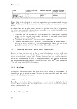 Mathematics
Type Inline (within text)
formulas
Displayed equations Displayed and auto-
matically numbered
equations
Environment math displaymath equation
Requires amsmath amsmath
LaTeX shorthand (...) [...]
TeX shorthand $...$ $$...$$
Note: Using the $$...$$ should be avoided, as it may cause problems, particularly with the
AMS-LaTeX macros. Furthermore, should a problem occur, the error messages may not be
helpful.
If you are typing text normally, you are said to be in text mode, while you are typing within
one of those mathematical environments, you are said to be in math mode, that has some
diﬀerences compared to the text mode:
1. Most spaces and line breaks do not have any signiﬁcance, as all spaces are either
derived logically from the mathematical expressions, or have to be speciﬁed with
special commands such as quad
2. Empty lines are not allowed. Only one paragraph per formula.
3. Each letter is considered to be the name of a variable and will be typeset as such. If
you want to typeset normal text within a formula (normal upright font and normal
spacing) then you have to enter the text using dedicated commands.3
27.1.1. Inserting "Displayed" maths inside blocks of text
In order for some operators, such as lim or sum to be displayed correctly inside some
math environments (read $......$), it might be convenient to write the displaystyle class
inside the environment. Doing so might cause the line to be taller, but will cause exponents
and indices to be displayed correctly for some math operators. For example, the $sum$
will print a smaller Σ and $displaystyle sum$ will print a bigger one , like in equations
(This only works with AMSMATH package).
27.2. Symbols
Mathematics has many symbols! One of the most diﬃcult aspects of learning LaTeX is
remembering how to produce symbols. There are of course a set of symbols that can be
accessed directly from the keyboard:
+ - = ! / ( ) [ ] < > | ' :
Beyond those listed above, distinct commands must be issued in order to display the desired
symbols. There are a great deal of examples such as Greek letters, set and relations symbols,
arrows, binary operators, etc.
3 Chapter 27.11 on page 310
294
 