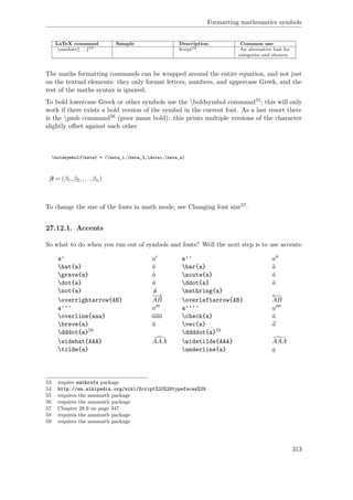 Formatting mathematics symbols
LaTeX command Sample Description Common use
mathscr{. . . }53 Script54 An alternative font for
categories and sheaves.
The maths formatting commands can be wrapped around the entire equation, and not just
on the textual elements: they only format letters, numbers, and uppercase Greek, and the
rest of the maths syntax is ignored.
To bold lowercase Greek or other symbols use the boldsymbol command55; this will only
work if there exists a bold version of the symbol in the current font. As a last resort there
is the pmb command56 (poor mans bold): this prints multiple versions of the character
slightly oﬀset against each other
boldsymbol{beta} = (beta_1,beta_2,dotsc,beta_n)
β = (β1,β2,...,βn)
To change the size of the fonts in math mode, see Changing font size57.
27.12.1. Accents
So what to do when you run out of symbols and fonts? Well the next step is to use accents:
a' a a'' a
hat{a} ˆa bar{a} ¯a
grave{a} `a acute{a} ´a
dot{a} ˙a ddot{a} ¨a
not{a} a mathring{a}
overrightarrow{AB}
−−→
AB overleftarrow{AB}
←−−
AB
a''' a a'''' a
overline{aaa} aaa check{a} ˇa
breve{a} ˘a vec{a} a
dddot{a}58 ddddot{a}59
widehat{AAA} AAA widetilde{AAA} AAA
tilde{a} underline{a} a
53 require mathrsfs package
54 http://en.wikipedia.org/wiki/Script%20%28typefaces%29
55 requires the amsmath package
56 requires the amsmath package
57 Chapter 28.9 on page 347
58 requires the amsmath package
59 requires the amsmath package
313
 