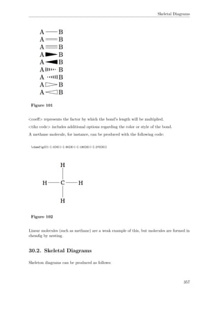 Skeletal Diagrams
Figure 101
<coeﬀ> represents the factor by which the bond's length will be multiplied.
<tikz code> includes additional options regarding the color or style of the bond.
A methane molecule, for instance, can be produced with the following code:
chemfig{C(-[:0]H)(-[:90]H)(-[:180]H)(-[:270]H)}
Figure 102
Linear molecules (such as methane) are a weak example of this, but molecules are formed in
chemﬁg by nesting.
30.2. Skeletal Diagrams
Skeleton diagrams can be produced as follows:
357
 