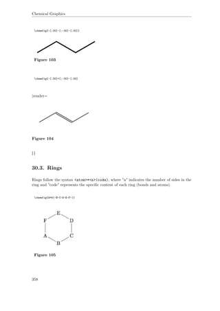 Chemical Graphics
chemfig{-[:30]-[:-30]-[:30]}
Figure 103
chemfig{-[:30]=[:-30]-[:30]
|render=
Figure 104
}}
30.3. Rings
Rings follow the syntax <atom>*<n>(code), where "n" indicates the number of sides in the
ring and "code" represents the speciﬁc content of each ring (bonds and atoms).
chemfig{A*6(-B-C-D-E-F-)}
Figure 105
358
 