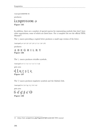 Linguistics
textipa{1234567890 @}
produces:
Figure 135
In addition, there are a number of special macros for representing symbols that don't have
other associations, some of which are listed here. For a complete list see the oﬃcial TIPA
Manual15.
The ; macro preceding a capital letter produces a small caps version of the letter.
textipa{;A ;B ;E ;G ;H ;I ;L ;R ;Y}
produces:
Figure 136
The : macro produces retroﬂex symbols.
textipa{:d :l :n :r :s :t :z}
gets you:
Figure 137
The ! macro produces implosive symbols and the bilabial click.
textipa{!b !d !g !j !G !o}
gets you:
Figure 138
15 http://uit.no/getfile.php?PageId=874&FileId=165 TIPA manual
396
 