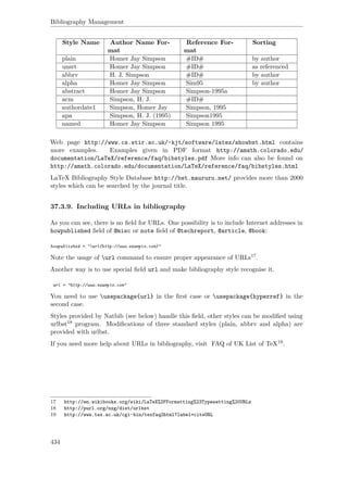 Bibliography Management
Style Name Author Name For-
mat
Reference For-
mat
Sorting
plain Homer Jay Simpson #ID# by author
unsrt Homer Jay Simpson #ID# as referenced
abbrv H. J. Simpson #ID# by author
alpha Homer Jay Simpson Sim95 by author
abstract Homer Jay Simpson Simpson-1995a
acm Simpson, H. J. #ID#
authordate1 Simpson, Homer Jay Simpson, 1995
apa Simpson, H. J. (1995) Simpson1995
named Homer Jay Simpson Simpson 1995
Web page http://www.cs.stir.ac.uk/~kjt/software/latex/showbst.html contains
more examples. Examples given in PDF format http://amath.colorado.edu/
documentation/LaTeX/reference/faq/bibstyles.pdf More info can also be found on
http://amath.colorado.edu/documentation/LaTeX/reference/faq/bibstyles.html
LaTeX Bibliography Style Database http://bst.maururu.net/ provides more than 2000
styles which can be searched by the journal title.
37.3.9. Including URLs in bibliography
As you can see, there is no ﬁeld for URLs. One possibility is to include Internet addresses in
howpublished ﬁeld of @misc or note ﬁeld of @techreport, @article, @book:
howpublished = "url{http://www.example.com}"
Note the usage of url command to ensure proper appearance of URLs17.
Another way is to use special ﬁeld url and make bibliography style recognise it.
url = "http://www.example.com"
You need to use usepackage{url} in the ﬁrst case or usepackage{hyperref} in the
second case.
Styles provided by Natbib (see below) handle this ﬁeld, other styles can be modiﬁed using
urlbst18 program. Modiﬁcations of three standard styles (plain, abbrv and alpha) are
provided with urlbst.
If you need more help about URLs in bibliography, visit FAQ of UK List of TeX19.
17 http://en.wikibooks.org/wiki/LaTeX%2FFormatting%23Typesetting%20URLs
18 http://purl.org/nxg/dist/urlbst
19 http://www.tex.ac.uk/cgi-bin/texfaq2html?label=citeURL
434
 