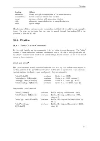 Citation
Option Eﬀect
sectionbib allows multiple bibliographies in the same document
nonamebreak forces all author names onto one line
merge merges a citation with a previous citation
elide elides any repeated elements in merged references
mcite ignore merge
Clearly some of these options require explanation but that will be achieved via examples
below. For now, we just note that they can be passed through usepackage[]{} in the
preamble of your LaTeX ﬁle.
38.4. Citation
38.4.1. Basic Citation Commands
To cite with Natbib, use the commands citet or citep in your document. The "plain"
versions of these commands produced abbreviated lists in the case of multiple authors but
both have * variants which result in full author listings. I have assumed the use of the round
option in these examples.
citet and citet*
The citet command is used for textual citations, that is to say that author names appear in
the text outside of the parenthetical reference to the date of publication. This command
can take options for chapter, page numbers etc. Here are examples
citet{Erdos65} produces Erdős et al. (1965)
citet[chapter 2]{Erdos65} produces Erdős et al. (1965, chapter 2)
citet[pp. 10-12]{Erdos65} produces Erdős et al. (1965, pp. 10-12)
citet[see][chap. 2]{Erdos65} produces Erdős et al. (see 1965, chap. 2)
Here are the citet* versions
citet*{Erdos65} produces Erdős, Heyting and Brouwer (1965)
citet*[chapter 2]{Erdos65} produces Erdős , Heyting and Brouwer (1965,
chapter 2)
citet*[pp. 10-12]{Erdos65} produces Erdős , Heyting and Brouwer (1965, pp.
10-12)
citet*[see][chap.
2]{Erdos65}
produces Erdős , Heyting and Brouwer (see 1965,
chap. 2)
447
 
