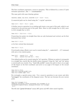 PGF/TikZ
The ﬁrst coordinate represents a move-to operation. This is followed by a series of “path
extension operations”, like "-- (coordinates)".
The same path with some drawing options:
draw[red, dashed, very thick, rotate=30] (1,0) -- (0,0) -- (0,1);
A connected path can be closed using the "--cycle" operation:
draw (1,0) -- (0,0) -- (0,1) -- cycle;
A further move-to operation in an existing path starts a new part of the path, which is not
connected to the previous part of the path. Here: Move to (0,0) straight line to (2,0), move
to (0,1) straight line to (2,1):
draw (0,0) -- (2,0) (0,1) -- (2,1);
Connecting two points via straight lines that are only horizontal and vertical, use for ﬁrst
horizontal then vertial
draw (0,0) -| (1,1);
or for ﬁrst vertical then horizontal
draw (0,0) |- (1,1);
Curved paths using a Bezier curve can be created using the "..controls() ..()" command,
with one or two control points.
draw (0,0) .. controls (1,1) .. (4,0)
(5,0) .. controls (6,0) and (6,1) .. (5,2);
User-deﬁned paths can be created using the "to" operation. Without an option it corresponds
to a straight line, exactly like the double minus command. Using the "out" and "in" option
a curved path can created. E.g. "[out=135,in=45]" causes the path to leave at an angle
of 135 degree at the ﬁrst coordinate and arrive at an angle of 45 degree at the second
coordinate.
draw (0,0) to (3,2);
draw (0,0) to[out=90,in=180] (3,2);
draw (0,0) to[bend right] (3,2);
For rectangles a special syntax exist. Use a move-to operation to one corner and after
"rectangle" the coordinates of the diagonal corner. The last one becomes the new current
point.
draw (0,0) rectangle (1,1);
shade[top color=yellow, bottom color=black] (0,0) rectangle (2,-1);
filldraw[fill=green!20!white, draw=green!40!black] (0,0) rectangle
(2,1);
The ﬁll color "green!20!white" means 20% green and 80% white mixed together.
504
 