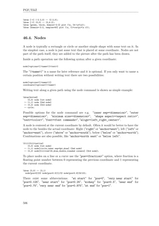PGF/TikZ
draw [->] (-2.2,0) -- (2.2,0);
draw [->] (0,0) -- (0,4.2);
draw [green, thick, domain=-2:2] plot (x, {4-x*x});
draw [domain=-2:2, samples=50] plot (x, {1+cos(pi*x r});
46.4. Nodes
A node is typically a rectangle or circle or another simple shape with some text on it. In
the simplest case, a node is just some text that is placed at some coordinate. Nodes are not
part of the path itself, they are added to the picture after the path has been drawn.
Inside a path operation use the following syntax after a given coordinate:
node[<options>](<name>){<text>}
The "(<name>)" is a name for later reference and it is optional. If you only want to name a
certain position without writing text there are two possibilities:
node[<options>](<name>){}
coordinate[<options>](<name>)
Writing text along a given path using the node command is shown as simple example:
draw[dotted]
(0,0) node {1st node}
-- (1,1) node {2nd node}
-- (0,2) node {3rd node}
-- cycle;
Possible options for the node command are e.g. "inner sep=<dimension>", "outer
sep=<dimension>", "minimum size=<dimension>", "shape aspect=<aspect ratio>",
"text=<color>", "font=<font commands>", "align=<left_right_center>".
A node is centered at the current coordinate by default. Often it would be better to have the
node to the besides the actual coordinate: Right ("right" or "anchor=west"), left ("left" or
"anchor=east"), above ("above" or "anchor=south"), below ("below" or "anchor=north").
Combinations are also possible, like "anchor=north east" or "below left".
fill[fill=yellow]
(0,0) node {1st node}
-- (1,1) node[circle,inner sep=0pt,draw] {2nd node}
-- (0,2) node[fill=red!20,draw,double,rounded corners] {3rd node};
To place nodes on a line or a curve use the "pos=<fraction>" option, where fraction is a
ﬂoating point number between 0 representing the previous coordinate and 1 representing
the current coordinate.
draw (0,0) -- (3,1)
node[pos=0]{0} node[pos=0.5]{1/2} node[pos=0.9]{9/10};
There exist some abbreviations: "at start" for "pos=0", "very near start" for
"pos=0.125", "near start" for "pos=0.25", "midway" for "pos=0.5", "near end" for
"pos=0.75", "very near end" for "pos=0.875", "at end" for "pos=1".
506
 