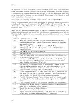 Basics
To circumvent this issue, many LaTeX commands which need to jump use ancillary ﬁles
which usually have the same ﬁle name than the current document but a diﬀerent extension.
It stores temporary data into these ﬁles and use them for the next compilation. So to have
an up-to-date table of contents, you need to compile the document twice. There is no need
to re-compile if no section moved.
For example, the temporary ﬁle for the table of contents data is filename.toc.
None of these ﬁles contains unrecoverable information. It means you can delete them safely,
compiling will regenerate them automatically. WarningThe only important ﬁle types are
.tex, .cls and .sty, .bib and .bst for BibTeX, these are not temporary and should not
be trashed away.
When you work with various capabilities of LaTeX (index, glossaries, bibliographies, etc.)
you will soon ﬁnd yourself in a maze of ﬁles with various extensions and probably no clue.
The following list explains the most common ﬁle types you might encounter when working
with TeX:
Common ﬁle extensions in LaTeX
.aux A ﬁle that transports information from one compiler run to the next.
Among other things, the .aux ﬁle is used to store information associated
with cross-references.
.bbl Bibliography ﬁle output by BiBTeX and used by LaTeX
.bib Bibliography database ﬁle. (where you can store a list of full biblio-
graphic citations)
.blg BiBTeX log ﬁle. (errors are logged here)
.bst BiBTeX style ﬁle.
.cls Class ﬁles deﬁne what your document looks like. They are selected with
the documentclass command.
.dtx Documented TeX. This is the main distribution format for LaTeX style
ﬁles. If you process a .dtx ﬁle you get documented macro code of the
LaTeX package contained in the .dtx ﬁle.
.ins The installer for the ﬁles contained in the matching .dtx ﬁle. If you
download a LaTeX package from the net, you will normally get a .dtx
and a .ins ﬁle. Run LaTeX on the .ins ﬁle to unpack the .dtx ﬁle.
.fd Font description ﬁle telling LaTeX about new fonts.
.dvi Device Independent File. This is the main result of a LaTeX compile run
with latex. You can look at its content with a DVI previewer program or
you can send it to a printer with dvips or a similar application.
.pdf Portable Document Format. This is the main result of a LaTeX compile
run with pdﬂatex. You can look at its content or print it with any PDF
viewer.
.log Gives a detailed account of what happened during the last compiler run.
.toc Stores all your section headers. It gets read in for the next compiler run
and is used to produce the table of contents.
.lof This is like .toc but for the list of ﬁgures.
.lot And again the same for the list of tables.
.idx If your document contains an index. LaTeX stores all the words that go
into the index in this ﬁle. Process this ﬁle with makeindex.
42
 