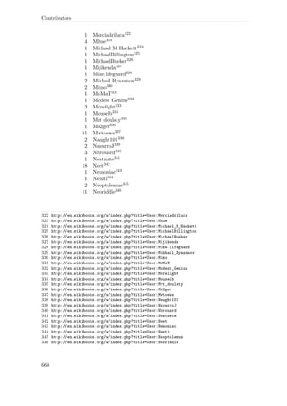 Contributors
1 Merciadriluca322
4 Mhue323
1 Michael M Hackett324
1 MichaelBillington325
1 MichaelBueker326
1 Mijikenda327
1 Mike.lifeguard328
2 Mikhail Ryazanov329
2 Mimo330
1 MoMaT331
1 Modest Genius332
3 Morelight333
1 Mouselb334
1 Mrt doulaty335
1 Ms2ger336
81 Mwtoews337
2 Naught101338
2 NavarroJ339
3 Nbrouard340
1 Neatnate341
18 Neet342
1 Nemoniac343
1 Nemti344
2 Neoptolemus345
11 Neoriddle346
322 http://en.wikibooks.org/w/index.php?title=User:Merciadriluca
323 http://en.wikibooks.org/w/index.php?title=User:Mhue
324 http://en.wikibooks.org/w/index.php?title=User:Michael_M_Hackett
325 http://en.wikibooks.org/w/index.php?title=User:MichaelBillington
326 http://en.wikibooks.org/w/index.php?title=User:MichaelBueker
327 http://en.wikibooks.org/w/index.php?title=User:Mijikenda
328 http://en.wikibooks.org/w/index.php?title=User:Mike.lifeguard
329 http://en.wikibooks.org/w/index.php?title=User:Mikhail_Ryazanov
330 http://en.wikibooks.org/w/index.php?title=User:Mimo
331 http://en.wikibooks.org/w/index.php?title=User:MoMaT
332 http://en.wikibooks.org/w/index.php?title=User:Modest_Genius
333 http://en.wikibooks.org/w/index.php?title=User:Morelight
334 http://en.wikibooks.org/w/index.php?title=User:Mouselb
335 http://en.wikibooks.org/w/index.php?title=User:Mrt_doulaty
336 http://en.wikibooks.org/w/index.php?title=User:Ms2ger
337 http://en.wikibooks.org/w/index.php?title=User:Mwtoews
338 http://en.wikibooks.org/w/index.php?title=User:Naught101
339 http://en.wikibooks.org/w/index.php?title=User:NavarroJ
340 http://en.wikibooks.org/w/index.php?title=User:Nbrouard
341 http://en.wikibooks.org/w/index.php?title=User:Neatnate
342 http://en.wikibooks.org/w/index.php?title=User:Neet
343 http://en.wikibooks.org/w/index.php?title=User:Nemoniac
344 http://en.wikibooks.org/w/index.php?title=User:Nemti
345 http://en.wikibooks.org/w/index.php?title=User:Neoptolemus
346 http://en.wikibooks.org/w/index.php?title=User:Neoriddle
668
 