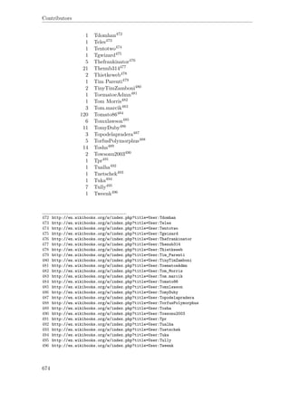 Contributors
1 Tdomhan472
1 Teles473
1 Tentotwo474
1 Tgwizard475
5 Thefrankinator476
21 Thenub314477
2 Thietkeweb478
1 Tim Parenti479
2 TinyTimZamboni480
1 ToematoeAdmn481
1 Tom Morris482
3 Tom.marcik483
120 Tomato86484
6 Tomxlawson485
11 TomyDuby486
3 Topodelapradera487
5 TorfusPolymorphus488
14 Tosha489
2 Towsonu2003490
1 Tpr491
1 Tualha492
1 Tuetschek493
1 Tuka494
7 Tully495
1 Tweenk496
472 http://en.wikibooks.org/w/index.php?title=User:Tdomhan
473 http://en.wikibooks.org/w/index.php?title=User:Teles
474 http://en.wikibooks.org/w/index.php?title=User:Tentotwo
475 http://en.wikibooks.org/w/index.php?title=User:Tgwizard
476 http://en.wikibooks.org/w/index.php?title=User:Thefrankinator
477 http://en.wikibooks.org/w/index.php?title=User:Thenub314
478 http://en.wikibooks.org/w/index.php?title=User:Thietkeweb
479 http://en.wikibooks.org/w/index.php?title=User:Tim_Parenti
480 http://en.wikibooks.org/w/index.php?title=User:TinyTimZamboni
481 http://en.wikibooks.org/w/index.php?title=User:ToematoeAdmn
482 http://en.wikibooks.org/w/index.php?title=User:Tom_Morris
483 http://en.wikibooks.org/w/index.php?title=User:Tom.marcik
484 http://en.wikibooks.org/w/index.php?title=User:Tomato86
485 http://en.wikibooks.org/w/index.php?title=User:Tomxlawson
486 http://en.wikibooks.org/w/index.php?title=User:TomyDuby
487 http://en.wikibooks.org/w/index.php?title=User:Topodelapradera
488 http://en.wikibooks.org/w/index.php?title=User:TorfusPolymorphus
489 http://en.wikibooks.org/w/index.php?title=User:Tosha
490 http://en.wikibooks.org/w/index.php?title=User:Towsonu2003
491 http://en.wikibooks.org/w/index.php?title=User:Tpr
492 http://en.wikibooks.org/w/index.php?title=User:Tualha
493 http://en.wikibooks.org/w/index.php?title=User:Tuetschek
494 http://en.wikibooks.org/w/index.php?title=User:Tuka
495 http://en.wikibooks.org/w/index.php?title=User:Tully
496 http://en.wikibooks.org/w/index.php?title=User:Tweenk
674
 