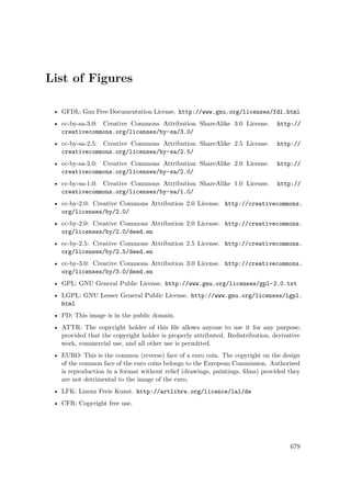 List of Figures
• GFDL: Gnu Free Documentation License. http://www.gnu.org/licenses/fdl.html
• cc-by-sa-3.0: Creative Commons Attribution ShareAlike 3.0 License. http://
creativecommons.org/licenses/by-sa/3.0/
• cc-by-sa-2.5: Creative Commons Attribution ShareAlike 2.5 License. http://
creativecommons.org/licenses/by-sa/2.5/
• cc-by-sa-2.0: Creative Commons Attribution ShareAlike 2.0 License. http://
creativecommons.org/licenses/by-sa/2.0/
• cc-by-sa-1.0: Creative Commons Attribution ShareAlike 1.0 License. http://
creativecommons.org/licenses/by-sa/1.0/
• cc-by-2.0: Creative Commons Attribution 2.0 License. http://creativecommons.
org/licenses/by/2.0/
• cc-by-2.0: Creative Commons Attribution 2.0 License. http://creativecommons.
org/licenses/by/2.0/deed.en
• cc-by-2.5: Creative Commons Attribution 2.5 License. http://creativecommons.
org/licenses/by/2.5/deed.en
• cc-by-3.0: Creative Commons Attribution 3.0 License. http://creativecommons.
org/licenses/by/3.0/deed.en
• GPL: GNU General Public License. http://www.gnu.org/licenses/gpl-2.0.txt
• LGPL: GNU Lesser General Public License. http://www.gnu.org/licenses/lgpl.
html
• PD: This image is in the public domain.
• ATTR: The copyright holder of this ﬁle allows anyone to use it for any purpose,
provided that the copyright holder is properly attributed. Redistribution, derivative
work, commercial use, and all other use is permitted.
• EURO: This is the common (reverse) face of a euro coin. The copyright on the design
of the common face of the euro coins belongs to the European Commission. Authorised
is reproduction in a format without relief (drawings, paintings, ﬁlms) provided they
are not detrimental to the image of the euro.
• LFK: Lizenz Freie Kunst. http://artlibre.org/licence/lal/de
• CFR: Copyright free use.
679
 