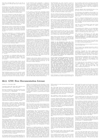 from that copyright holder, and you cure the vi-
olation prior to 30 days after your receipt of the
notice.
Termination of your rights under this section does
not terminate the licenses of parties who have re-
ceived copies or rights from you under this License.
If your rights have been terminated and not perma-
nently reinstated, you do not qualify to receive new
licenses for the same material under section 10. 9.
Acceptance Not Required for Having Copies.
You are not required to accept this License in or-
der to receive or run a copy of the Program. Ancil-
lary propagation of a covered work occurring solely
as a consequence of using peer-to-peer transmission
to receive a copy likewise does not require accep-
tance. However, nothing other than this License
grants you permission to propagate or modify any
covered work. These actions infringe copyright if
you do not accept this License. Therefore, by mod-
ifying or propagating a covered work, you indicate
your acceptance of this License to do so. 10. Auto-
matic Licensing of Downstream Recipients.
Each time you convey a covered work, the recipient
automatically receives a license from the original
licensors, to run, modify and propagate that work,
subject to this License. You are not responsible
for enforcing compliance by third parties with this
License.
An “entity transaction” is a transaction transfer-
ring control of an organization, or substantially all
assets of one, or subdividing an organization, or
merging organizations. If propagation of a cov-
ered work results from an entity transaction, each
party to that transaction who receives a copy of the
work also receives whatever licenses to the work the
party’s predecessor in interest had or could give un-
der the previous paragraph, plus a right to posses-
sion of the Corresponding Source of the work from
the predecessor in interest, if the predecessor has it
or can get it with reasonable eﬀorts.
You may not impose any further restrictions on the
exercise of the rights granted or aﬃrmed under this
License. For example, you may not impose a license
fee, royalty, or other charge for exercise of rights
granted under this License, and you may not ini-
tiate litigation (including a cross-claim or counter-
claim in a lawsuit) alleging that any patent claim
is infringed by making, using, selling, oﬀering for
sale, or importing the Program or any portion of it.
11. Patents.
A “contributor” is a copyright holder who autho-
rizes use under this License of the Program or a
work on which the Program is based. The work
thus licensed is called the contributor’s “contribu-
tor version”.
A contributor’s “essential patent claims” are all
patent claims owned or controlled by the contribu-
tor, whether already acquired or hereafter acquired,
that would be infringed by some manner, permit-
ted by this License, of making, using, or selling its
contributor version, but do not include claims that
would be infringed only as a consequence of further
modiﬁcation of the contributor version. For pur-
poses of this deﬁnition, “control” includes the right
to grant patent sublicenses in a manner consistent
with the requirements of this License.
Each contributor grants you a non-exclusive, world-
wide, royalty-free patent license under the contrib-
utor’s essential patent claims, to make, use, sell, of-
fer for sale, import and otherwise run, modify and
propagate the contents of its contributor version.
In the following three paragraphs, a “patent li-
cense” is any express agreement or commitment,
however denominated, not to enforce a patent (such
as an express permission to practice a patent or
covenant not to sue for patent infringement). To
“grant” such a patent license to a party means to
make such an agreement or commitment not to en-
force a patent against the party.
If you convey a covered work, knowingly relying
on a patent license, and the Corresponding Source
of the work is not available for anyone to copy,
free of charge and under the terms of this License,
through a publicly available network server or other
readily accessible means, then you must either (1)
cause the Corresponding Source to be so available,
or (2) arrange to deprive yourself of the beneﬁt
of the patent license for this particular work, or
(3) arrange, in a manner consistent with the re-
quirements of this License, to extend the patent
license to downstream recipients. “Knowingly re-
lying” means you have actual knowledge that, but
for the patent license, your conveying the covered
work in a country, or your recipient’s use of the cov-
ered work in a country, would infringe one or more
identiﬁable patents in that country that you have
reason to believe are valid.
If, pursuant to or in connection with a single trans-
action or arrangement, you convey, or propagate
by procuring conveyance of, a covered work, and
grant a patent license to some of the parties re-
ceiving the covered work authorizing them to use,
propagate, modify or convey a speciﬁc copy of the
covered work, then the patent license you grant is
automatically extended to all recipients of the cov-
ered work and works based on it.
A patent license is “discriminatory” if it does not in-
clude within the scope of its coverage, prohibits the
exercise of, or is conditioned on the non-exercise
of one or more of the rights that are speciﬁcally
granted under this License. You may not convey a
covered work if you are a party to an arrangement
with a third party that is in the business of dis-
tributing software, under which you make payment
to the third party based on the extent of your ac-
tivity of conveying the work, and under which the
third party grants, to any of the parties who would
receive the covered work from you, a discrimina-
tory patent license (a) in connection with copies
of the covered work conveyed by you (or copies
made from those copies), or (b) primarily for and in
connection with speciﬁc products or compilations
that contain the covered work, unless you entered
into that arrangement, or that patent license was
granted, prior to 28 March 2007.
Nothing in this License shall be construed as ex-
cluding or limiting any implied license or other de-
fenses to infringement that may otherwise be avail-
able to you under applicable patent law. 12. No
Surrender of Others’ Freedom.
If conditions are imposed on you (whether by court
order, agreement or otherwise) that contradict the
conditions of this License, they do not excuse you
from the conditions of this License. If you cannot
convey a covered work so as to satisfy simultane-
ously your obligations under this License and any
other pertinent obligations, then as a consequence
you may not convey it at all. For example, if you
agree to terms that obligate you to collect a roy-
alty for further conveying from those to whom you
convey the Program, the only way you could satisfy
both those terms and this License would be to re-
frain entirely from conveying the Program. 13. Use
with the GNU Aﬀero General Public License.
Notwithstanding any other provision of this Li-
cense, you have permission to link or combine any
covered work with a work licensed under version
3 of the GNU Aﬀero General Public License into
a single combined work, and to convey the result-
ing work. The terms of this License will continue
to apply to the part which is the covered work, but
the special requirements of the GNU Aﬀero General
Public License, section 13, concerning interaction
through a network will apply to the combination
as such. 14. Revised Versions of this License.
The Free Software Foundation may publish revised
and/or new versions of the GNU General Public Li-
cense from time to time. Such new versions will be
similar in spirit to the present version, but may dif-
fer in detail to address new problems or concerns.
Each version is given a distinguishing version num-
ber. If the Program speciﬁes that a certain num-
bered version of the GNU General Public License
“or any later version” applies to it, you have the
option of following the terms and conditions either
of that numbered version or of any later version
published by the Free Software Foundation. If the
Program does not specify a version number of the
GNU General Public License, you may choose any
version ever published by the Free Software Foun-
dation.
If the Program speciﬁes that a proxy can decide
which future versions of the GNU General Public
License can be used, that proxy’s public statement
of acceptance of a version permanently authorizes
you to choose that version for the Program.
Later license versions may give you additional or
diﬀerent permissions. However, no additional obli-
gations are imposed on any author or copyright
holder as a result of your choosing to follow a later
version. 15. Disclaimer of Warranty.
THERE IS NO WARRANTY FOR THE PRO-
GRAM, TO THE EXTENT PERMITTED BY AP-
PLICABLE LAW. EXCEPT WHEN OTHERWISE
STATED IN WRITING THE COPYRIGHT HOLD-
ERS AND/OR OTHER PARTIES PROVIDE THE
PROGRAM “AS IS” WITHOUT WARRANTY OF
ANY KIND, EITHER EXPRESSED OR IMPLIED,
INCLUDING, BUT NOT LIMITED TO, THE IM-
PLIED WARRANTIES OF MERCHANTABILITY
AND FITNESS FOR A PARTICULAR PURPOSE.
THE ENTIRE RISK AS TO THE QUALITY AND
PERFORMANCE OF THE PROGRAM IS WITH
YOU. SHOULD THE PROGRAM PROVE DEFEC-
TIVE, YOU ASSUME THE COST OF ALL NECES-
SARY SERVICING, REPAIR OR CORRECTION.
16. Limitation of Liability.
IN NO EVENT UNLESS REQUIRED BY APPLI-
CABLE LAW OR AGREED TO IN WRITING
WILL ANY COPYRIGHT HOLDER, OR ANY
OTHER PARTY WHO MODIFIES AND/OR CON-
VEYS THE PROGRAM AS PERMITTED ABOVE,
BE LIABLE TO YOU FOR DAMAGES, IN-
CLUDING ANY GENERAL, SPECIAL, INCIDEN-
TAL OR CONSEQUENTIAL DAMAGES ARISING
OUT OF THE USE OR INABILITY TO USE
THE PROGRAM (INCLUDING BUT NOT LIM-
ITED TO LOSS OF DATA OR DATA BEING REN-
DERED INACCURATE OR LOSSES SUSTAINED
BY YOU OR THIRD PARTIES OR A FAILURE
OF THE PROGRAM TO OPERATE WITH ANY
OTHER PROGRAMS), EVEN IF SUCH HOLDER
OR OTHER PARTY HAS BEEN ADVISED OF
THE POSSIBILITY OF SUCH DAMAGES. 17. In-
terpretation of Sections 15 and 16.
If the disclaimer of warranty and limitation of lia-
bility provided above cannot be given local legal ef-
fect according to their terms, reviewing courts shall
apply local law that most closely approximates an
absolute waiver of all civil liability in connection
with the Program, unless a warranty or assumption
of liability accompanies a copy of the Program in
return for a fee.
END OF TERMS AND CONDITIONS How to Ap-
ply These Terms to Your New Programs
If you develop a new program, and you want it to
be of the greatest possible use to the public, the
best way to achieve this is to make it free software
which everyone can redistribute and change under
these terms.
To do so, attach the following notices to the pro-
gram. It is safest to attach them to the start of
each source ﬁle to most eﬀectively state the exclu-
sion of warranty; and each ﬁle should have at least
the “copyright” line and a pointer to where the full
notice is found.
<one line to give the program’s name and a brief
idea of what it does.> Copyright (C) <year>
<name of author>
This program is free software: you can redistribute
it and/or modify it under the terms of the GNU
General Public License as published by the Free
Software Foundation, either version 3 of the Li-
cense, or (at your option) any later version.
This program is distributed in the hope that
it will be useful, but WITHOUT ANY WAR-
RANTY; without even the implied warranty of
MERCHANTABILITY or FITNESS FOR A PAR-
TICULAR PURPOSE. See the GNU General Public
License for more details.
You should have received a copy of the GNU Gen-
eral Public License along with this program. If not,
see <http://www.gnu.org/licenses/>.
Also add information on how to contact you by elec-
tronic and paper mail.
If the program does terminal interaction, make it
output a short notice like this when it starts in an
interactive mode:
<program> Copyright (C) <year> <name of au-
thor> This program comes with ABSOLUTELY
NO WARRANTY; for details type ‘show w’. This is
free software, and you are welcome to redistribute it
under certain conditions; type ‘show c’ for details.
The hypothetical commands ‘show w’ and ‘show c’
should show the appropriate parts of the General
Public License. Of course, your program’s com-
mands might be diﬀerent; for a GUI interface, you
would use an “about box”.
You should also get your employer (if you work
as a programmer) or school, if any, to sign a
“copyright disclaimer” for the program, if nec-
essary. For more information on this, and
how to apply and follow the GNU GPL, see
<http://www.gnu.org/licenses/>.
The GNU General Public License does not permit
incorporating your program into proprietary pro-
grams. If your program is a subroutine library, you
may consider it more useful to permit linking pro-
prietary applications with the library. If this is
what you want to do, use the GNU Lesser General
Public License instead of this License. But ﬁrst,
please read <http://www.gnu.org/philosophy/why-
not-lgpl.html>.
66.2. GNU Free Documentation License
Version 1.3, 3 November 2008
Copyright © 2000, 2001, 2002, 2007, 2008 Free Soft-
ware Foundation, Inc. <http://fsf.org/>
Everyone is permitted to copy and distribute verba-
tim copies of this license document, but changing
it is not allowed. 0. PREAMBLE
The purpose of this License is to make a manual,
textbook, or other functional and useful document
"free" in the sense of freedom: to assure everyone
the eﬀective freedom to copy and redistribute it,
with or without modifying it, either commercially
or noncommercially. Secondarily, this License pre-
serves for the author and publisher a way to get
credit for their work, while not being considered
responsible for modiﬁcations made by others.
This License is a kind of "copyleft", which means
that derivative works of the document must them-
selves be free in the same sense. It complements
the GNU General Public License, which is a copy-
left license designed for free software.
We have designed this License in order to use it
for manuals for free software, because free software
needs free documentation: a free program should
come with manuals providing the same freedoms
that the software does. But this License is not lim-
ited to software manuals; it can be used for any tex-
tual work, regardless of subject matter or whether
it is published as a printed book. We recommend
this License principally for works whose purpose is
instruction or reference. 1. APPLICABILITY AND
DEFINITIONS
This License applies to any manual or other work,
in any medium, that contains a notice placed by the
copyright holder saying it can be distributed under
the terms of this License. Such a notice grants a
world-wide, royalty-free license, unlimited in dura-
tion, to use that work under the conditions stated
herein. The "Document", below, refers to any such
manual or work. Any member of the public is a li-
censee, and is addressed as "you". You accept the
license if you copy, modify or distribute the work
in a way requiring permission under copyright law.
A "Modiﬁed Version" of the Document means any
work containing the Document or a portion of it, ei-
ther copied verbatim, or with modiﬁcations and/or
translated into another language.
A "Secondary Section" is a named appendix or a
front-matter section of the Document that deals ex-
clusively with the relationship of the publishers or
authors of the Document to the Document’s overall
subject (or to related matters) and contains noth-
ing that could fall directly within that overall sub-
ject. (Thus, if the Document is in part a textbook
of mathematics, a Secondary Section may not ex-
plain any mathematics.) The relationship could be
a matter of historical connection with the subject
or with related matters, or of legal, commercial,
philosophical, ethical or political position regard-
ing them.
The "Invariant Sections" are certain Secondary Sec-
tions whose titles are designated, as being those of
Invariant Sections, in the notice that says that the
Document is released under this License. If a sec-
tion does not ﬁt the above deﬁnition of Secondary
then it is not allowed to be designated as Invariant.
The Document may contain zero Invariant Sections.
If the Document does not identify any Invariant
Sections then there are none.
The "Cover Texts" are certain short passages of text
that are listed, as Front-Cover Texts or Back-Cover
Texts, in the notice that says that the Document is
released under this License. A Front-Cover Text
may be at most 5 words, and a Back-Cover Text
may be at most 25 words.
A "Transparent" copy of the Document means a
machine-readable copy, represented in a format
whose speciﬁcation is available to the general pub-
lic, that is suitable for revising the document
straightforwardly with generic text editors or (for
images composed of pixels) generic paint programs
or (for drawings) some widely available drawing ed-
itor, and that is suitable for input to text format-
ters or for automatic translation to a variety of for-
mats suitable for input to text formatters. A copy
made in an otherwise Transparent ﬁle format whose
markup, or absence of markup, has been arranged
to thwart or discourage subsequent modiﬁcation by
readers is not Transparent. An image format is not
Transparent if used for any substantial amount of
text. A copy that is not "Transparent" is called
"Opaque".
Examples of suitable formats for Transparent
copies include plain ASCII without markup, Tex-
info input format, LaTeX input format, SGML or
XML using a publicly available DTD, and standard-
conforming simple HTML, PostScript or PDF de-
signed for human modiﬁcation. Examples of trans-
parent image formats include PNG, XCF and JPG.
Opaque formats include proprietary formats that
can be read and edited only by proprietary word
processors, SGML or XML for which the DTD
and/or processing tools are not generally available,
and the machine-generated HTML, PostScript or
PDF produced by some word processors for output
purposes only.
The "Title Page" means, for a printed book, the
title page itself, plus such following pages as are
needed to hold, legibly, the material this License
requires to appear in the title page. For works in
formats which do not have any title page as such,
"Title Page" means the text near the most promi-
nent appearance of the work’s title, preceding the
beginning of the body of the text.
The "publisher" means any person or entity that
distributes copies of the Document to the public.
A section "Entitled XYZ" means a named subunit
of the Document whose title either is precisely XYZ
or contains XYZ in parentheses following text that
translates XYZ in another language. (Here XYZ
stands for a speciﬁc section name mentioned below,
such as "Acknowledgements", "Dedications", "En-
dorsements", or "History".) To "Preserve the Title"
of such a section when you modify the Document
means that it remains a section "Entitled XYZ" ac-
cording to this deﬁnition.
The Document may include Warranty Disclaimers
next to the notice which states that this License
applies to the Document. These Warranty Dis-
claimers are considered to be included by reference
in this License, but only as regards disclaiming war-
ranties: any other implication that these Warranty
Disclaimers may have is void and has no eﬀect on
the meaning of this License. 2. VERBATIM COPY-
ING
You may copy and distribute the Document in any
medium, either commercially or noncommercially,
provided that this License, the copyright notices,
and the license notice saying this License applies to
the Document are reproduced in all copies, and that
you add no other conditions whatsoever to those
of this License. You may not use technical mea-
sures to obstruct or control the reading or further
copying of the copies you make or distribute. How-
ever, you may accept compensation in exchange for
copies. If you distribute a large enough number of
copies you must also follow the conditions in sec-
tion 3.
You may also lend copies, under the same condi-
tions stated above, and you may publicly display
copies. 3. COPYING IN QUANTITY
If you publish printed copies (or copies in media
that commonly have printed covers) of the Doc-
ument, numbering more than 100, and the Doc-
ument’s license notice requires Cover Texts, you
must enclose the copies in covers that carry, clearly
and legibly, all these Cover Texts: Front-Cover
Texts on the front cover, and Back-Cover Texts
on the back cover. Both covers must also clearly
and legibly identify you as the publisher of these
copies. The front cover must present the full title
with all words of the title equally prominent and
visible. You may add other material on the covers
in addition. Copying with changes limited to the
covers, as long as they preserve the title of the Doc-
ument and satisfy these conditions, can be treated
as verbatim copying in other respects.
If the required texts for either cover are too volu-
minous to ﬁt legibly, you should put the ﬁrst ones
listed (as many as ﬁt reasonably) on the actual
cover, and continue the rest onto adjacent pages.
If you publish or distribute Opaque copies of the
Document numbering more than 100, you must ei-
ther include a machine-readable Transparent copy
along with each Opaque copy, or state in or with
each Opaque copy a computer-network location
from which the general network-using public has
access to download using public-standard network
protocols a complete Transparent copy of the Doc-
ument, free of added material. If you use the lat-
ter option, you must take reasonably prudent steps,
when you begin distribution of Opaque copies in
quantity, to ensure that this Transparent copy will
remain thus accessible at the stated location until
at least one year after the last time you distribute
an Opaque copy (directly or through your agents or
retailers) of that edition to the public.
It is requested, but not required, that you con-
tact the authors of the Document well before redis-
tributing any large number of copies, to give them
a chance to provide you with an updated version of
the Document. 4. MODIFICATIONS
You may copy and distribute a Modiﬁed Version of
the Document under the conditions of sections 2
and 3 above, provided that you release the Modi-
ﬁed Version under precisely this License, with the
Modiﬁed Version ﬁlling the role of the Document,
thus licensing distribution and modiﬁcation of the
Modiﬁed Version to whoever possesses a copy of it.
In addition, you must do these things in the Modi-
ﬁed Version:
* A. Use in the Title Page (and on the covers, if
any) a title distinct from that of the Document,
and from those of previous versions (which should,
if there were any, be listed in the History section
of the Document). You may use the same title as
a previous version if the original publisher of that
version gives permission. * B. List on the Title
 