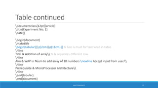 Table continued 
documentclass[12pt]{article} 
title{Experiment No: 1} 
date{} 
begin{document} 
maketitle 
begin{tabular}{|p{2cm}|p{11cm}|} % Size is must for text wrap in table 
hline 
Title & Addition of array % & separates different row. 
hline 
Aim & WAP in Nasm to add array of 10 numbers.newline Accept input from user. 
hline 
Prerequisite & MicroProcessor Architecture 
hline 
end{tabular} 
end{document} 
ANKIT SINGHANIYA 11 
 