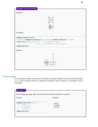 69
produce:
xn+1|xn+1−xn|
1.173.×10−8
1.174.×10−16
El código:
begin{tabular}{lc}
$x_{n+1}$ &begin{sideways}$|x_{n+1}-x_n|$end{sideways} hline
cellcolor[gray]{0.80} 1.17 & 3.$times10^{-8}$
1.173 & 4.$times10^{-16}$ hline
end{tabular}
produce:
xn+1
|xn+1−xn|
1.17 3.×10−8
1.173 4.×10−16
Ejemplo 5.6 (continuación).
Expresiones @{}.
En un ambiente tabular el separador de columnas se puede cambiar con una instrucción del tipo
@{txt}. Este comando elimina la separación automática entre columnas y la reemplaza con el
texto txt.
En el código que sigue, r@{.}l sustituye la columna central por un punto,
El texto:
begin{tabular}{r@{.}l}
3 & 14159 
2 & 7182818
0 & 577216 
end{tabular}
produce:
3.14159
2.7182818
0.577216
Ejemplo 5.7
 