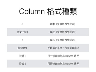 Column
c
l
r
p{12cm}
| column
|| column
 