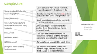 sample.tex
documentclass[12pt]{article}
usepackage{ifthen}
begin{document}
title{Hello World in LaTeX}
author{My Name Goes Here}
maketitle
Hello, world!
{em Hello, world!}
{bf Hello, world!}
{Large bf Hello, world!!!}
end{document}
Start by declaring the document class (article)
and use the 12pt option setting the font size
Loads required packages defining commands
or setting parameters
LaTex uses begin|end commands for
blocks. Every document must have a
document block
The title and author command set
document variables and the maketitle
command generates the output text
Latex comands start with a backslash,
required args are in {}, options in []s
Paragraphs are separated by blank lines
{}s introduce un-named blocks and
control scope. em for italics, bf for
bold, Large to increase font size
 